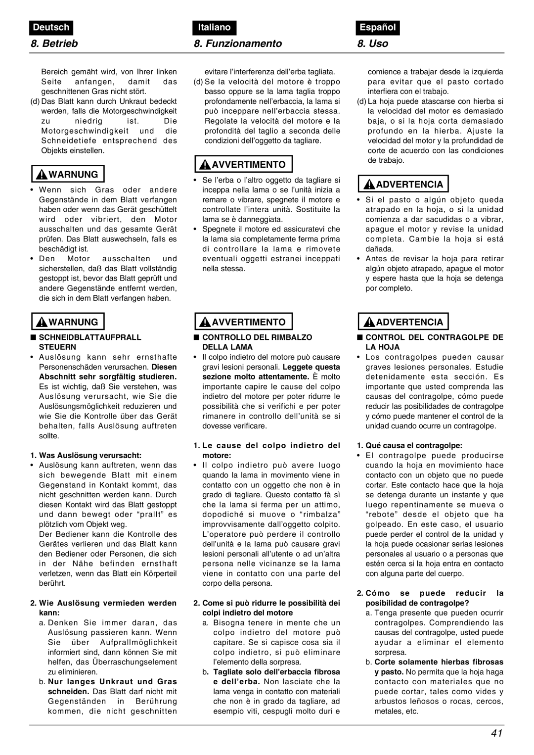 Zenoah BC2602DLM manual Schneidblattaufprall Steuern, Controllo DEL Rimbalzo Della Lama, Control DEL Contragolpe DE LA Hoja 