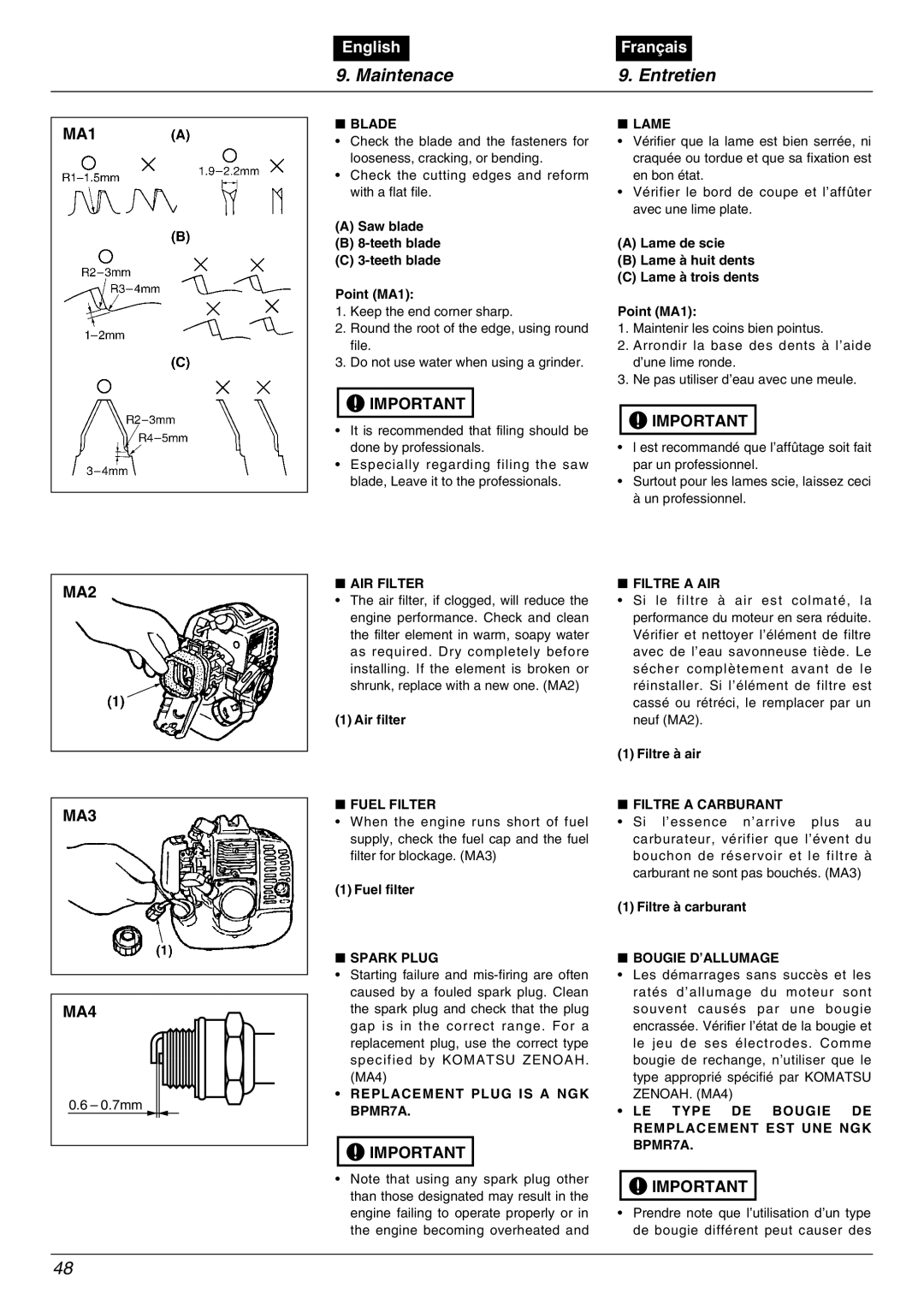 Zenoah BC2602DWM, BC2602DLM manual Maintenace Entretien, MA1, MA2 MA3 MA4 