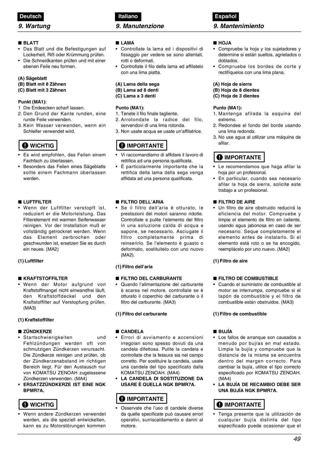 Zenoah BC2602DLM, BC2602DWM manual Wartung Manutenzione Mantenimiento, Wichtig Importante 