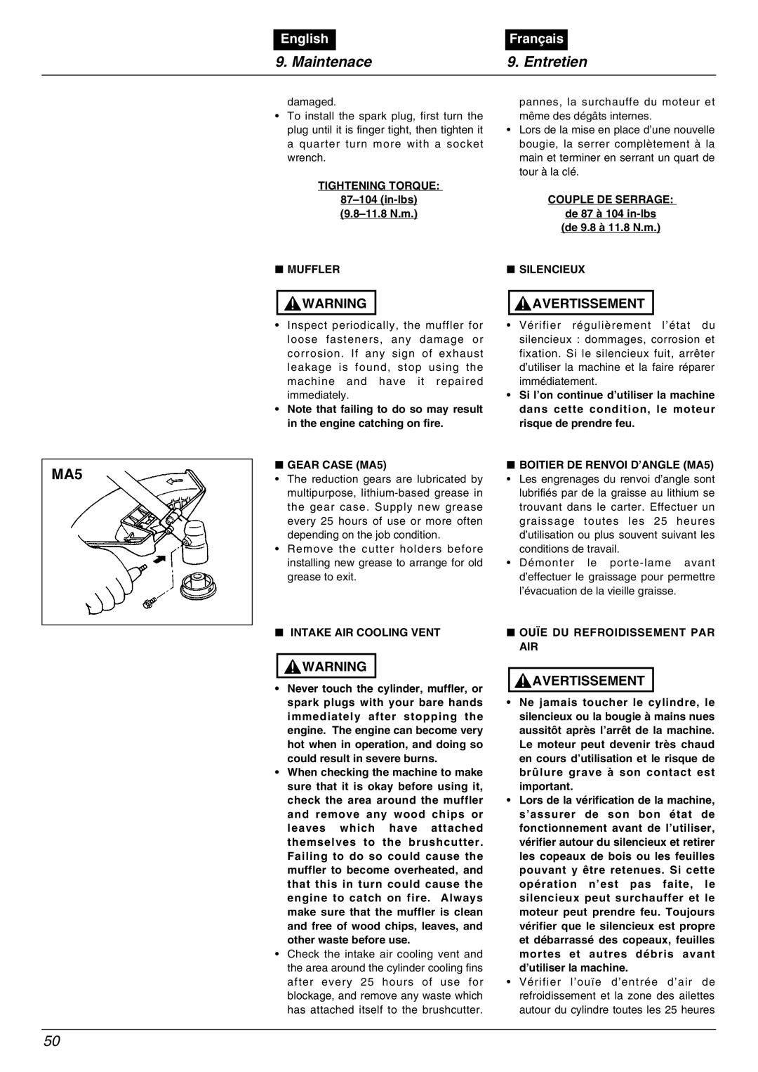 Zenoah BC2602DWM Tightening Torque, Muffler, Couple DE Serrage, Silencieux, Gear Case MA5, Boitier DE Renvoi D’ANGLE MA5 