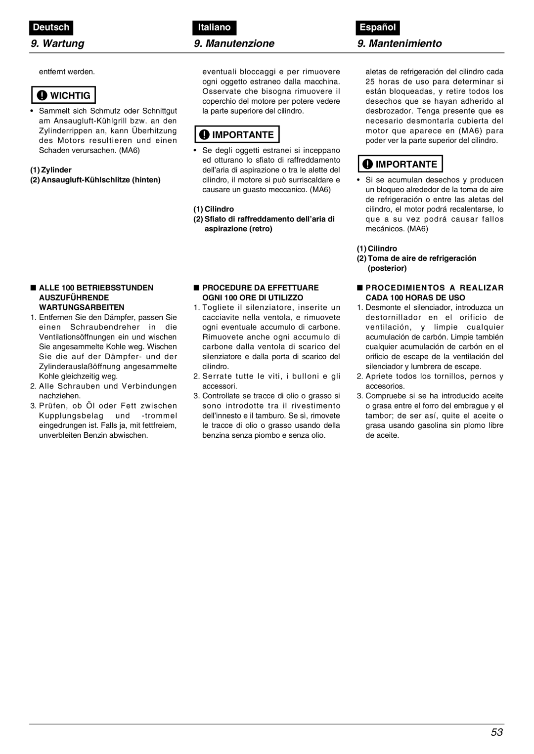 Zenoah BC2602DLM manual Zylinder Ansaugluft-Kühlschlitze hinten, Alle 100 Betriebsstunden Auszuführende Wartungsarbeiten 