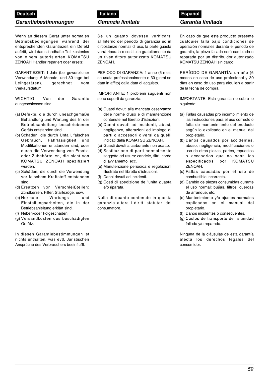 Zenoah BC2602DLM, BC2602DWM manual Garantiebestimmungen Garanzia limitata Garantía limitada 