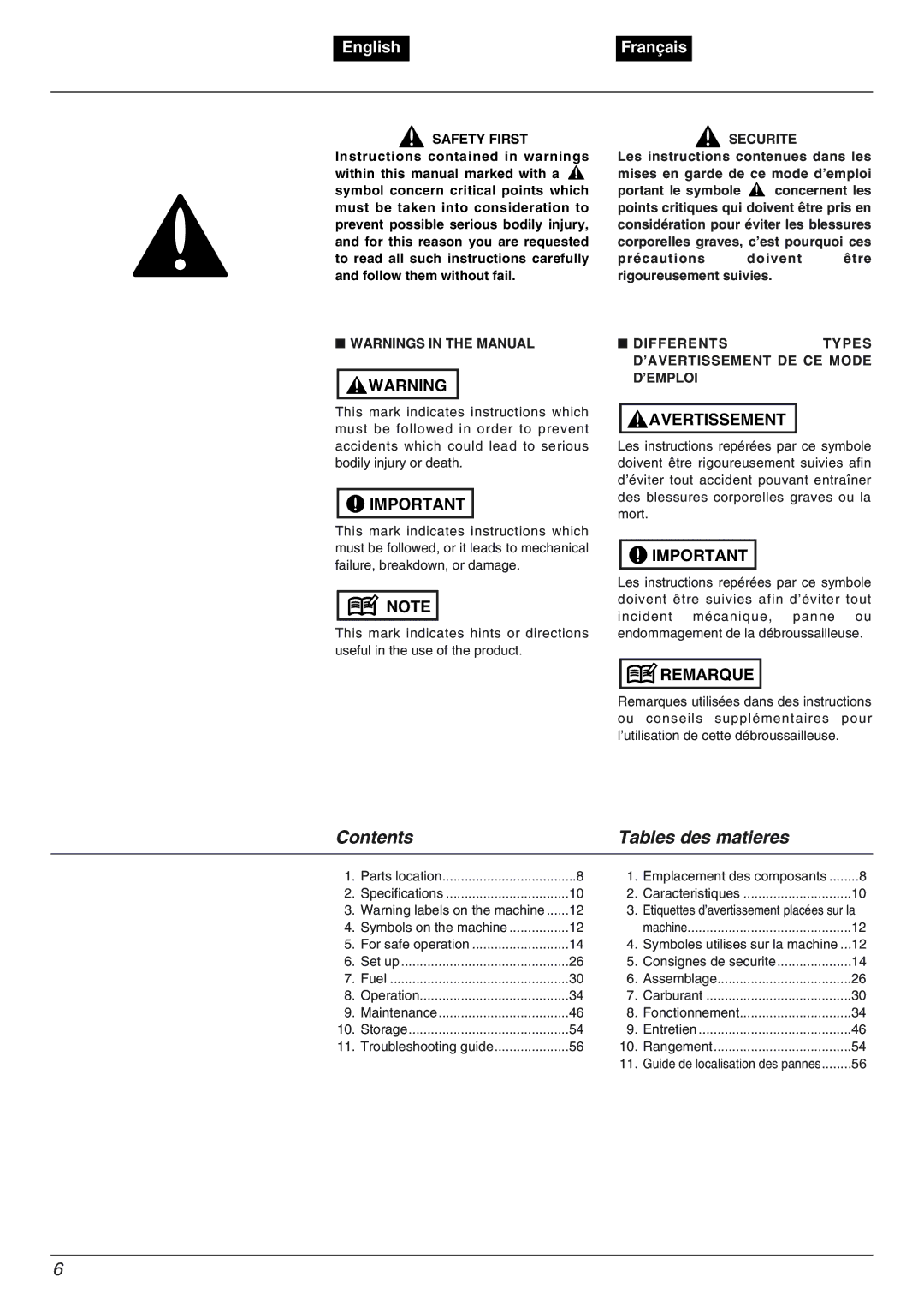 Zenoah BC2602DWM, BC2602DLM manual Contents Tables des matieres 