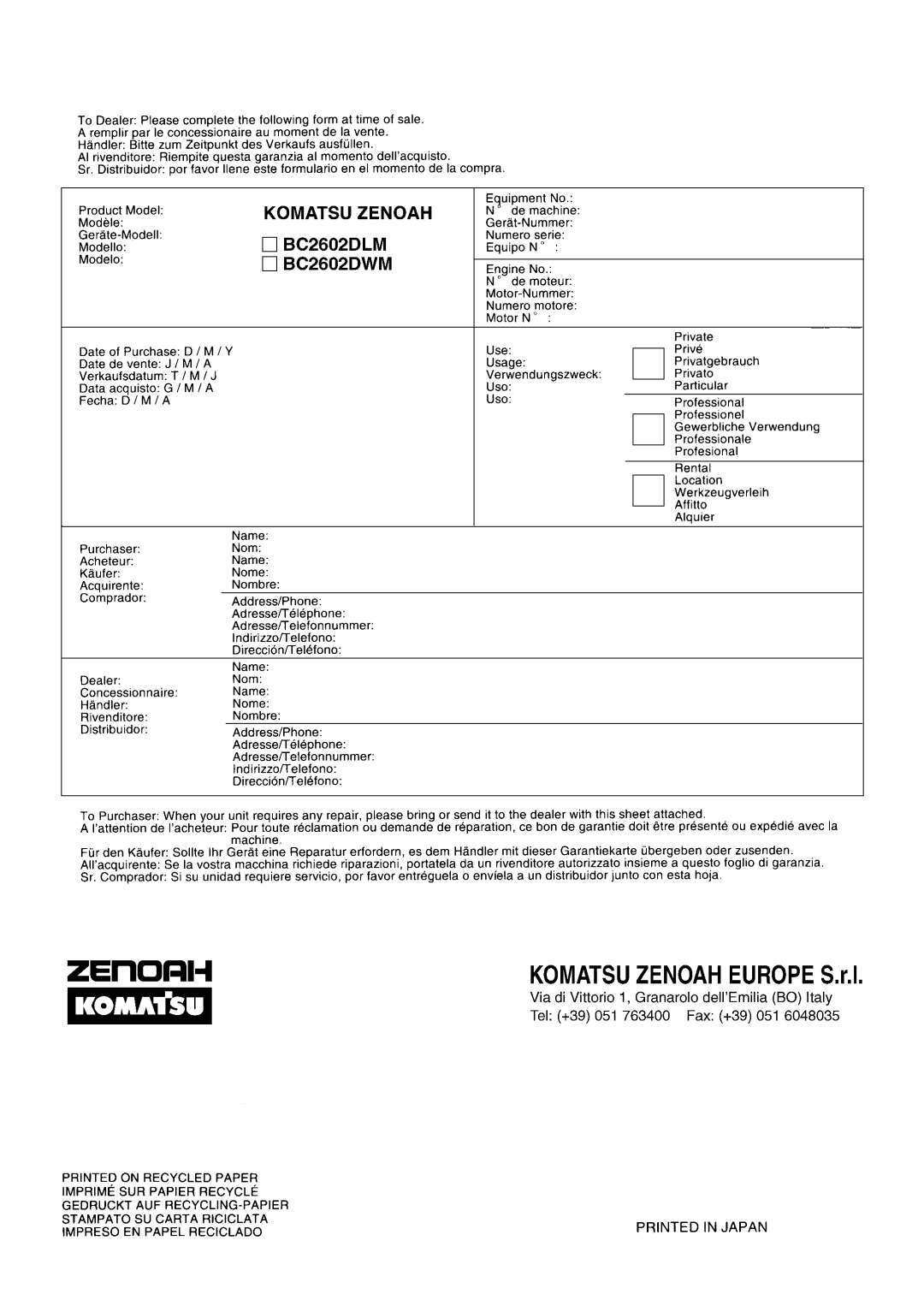 Zenoah BC2602DWM, BC2602DLM manual 