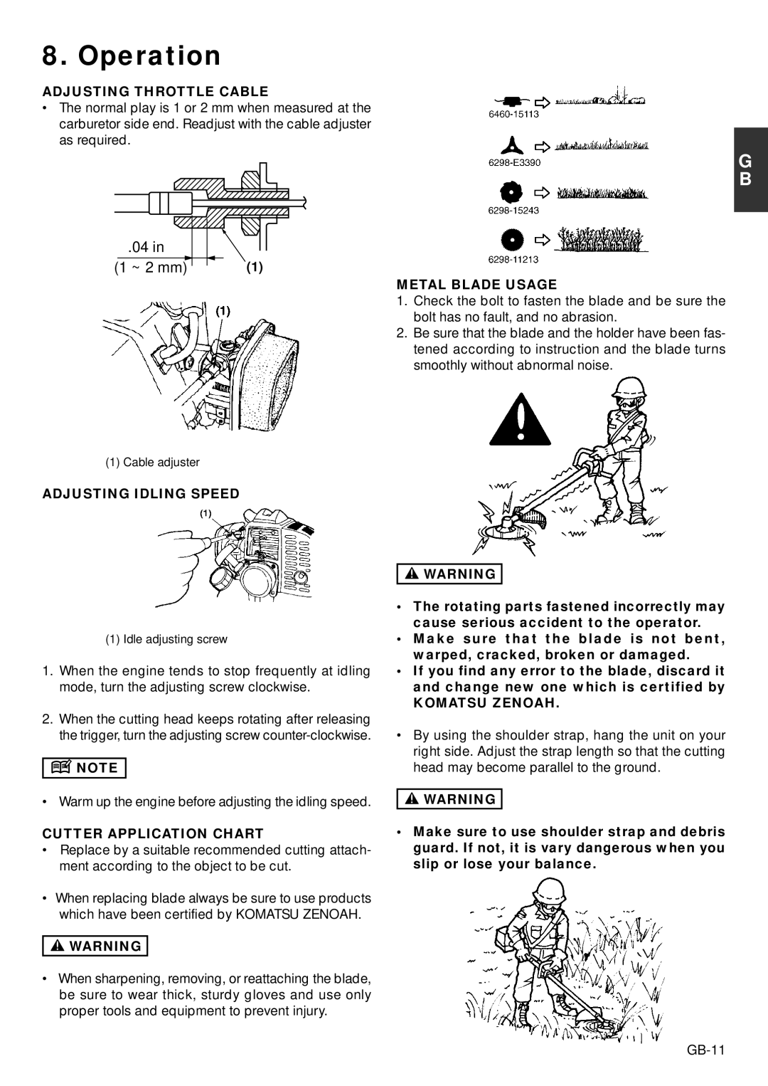 Zenoah BC2603DL, BC2603DW Adjusting Throttle Cable, Metal Blade Usage, Adjusting Idling Speed, Cutter Application Chart 