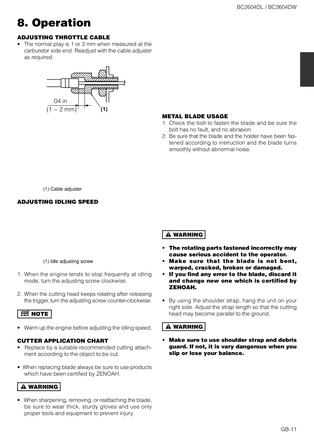 Zenoah BC2604DL Adjusting Throttle Cable, Adjusting Idling Speed, Cutter Application Chart, Metal Blade Usage, Zenoah 