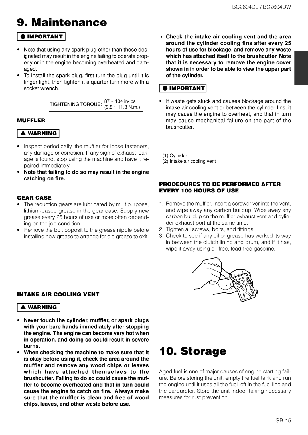 Zenoah BC2604DL, BC2604DW owner manual Storage, Muffler, Gear Case, Intake AIR Cooling Vent 