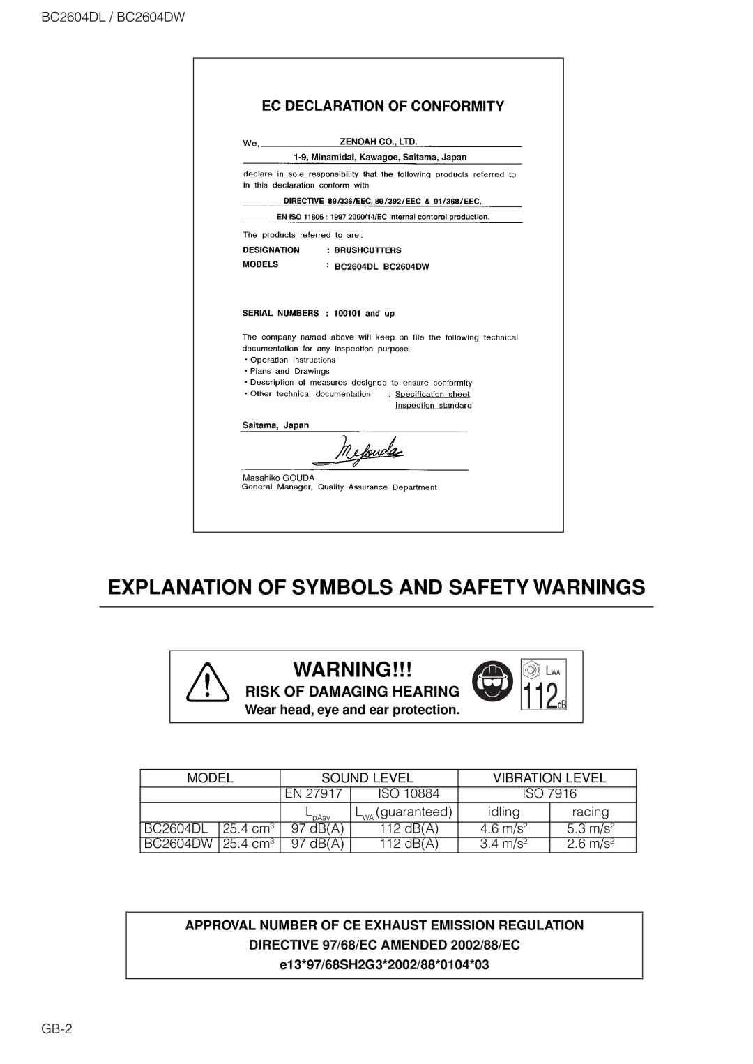 Zenoah BC2604DW, BC2604DL owner manual Wear head, eye and ear protection, E13*97/68SH2G3*2002/88*0104*03 