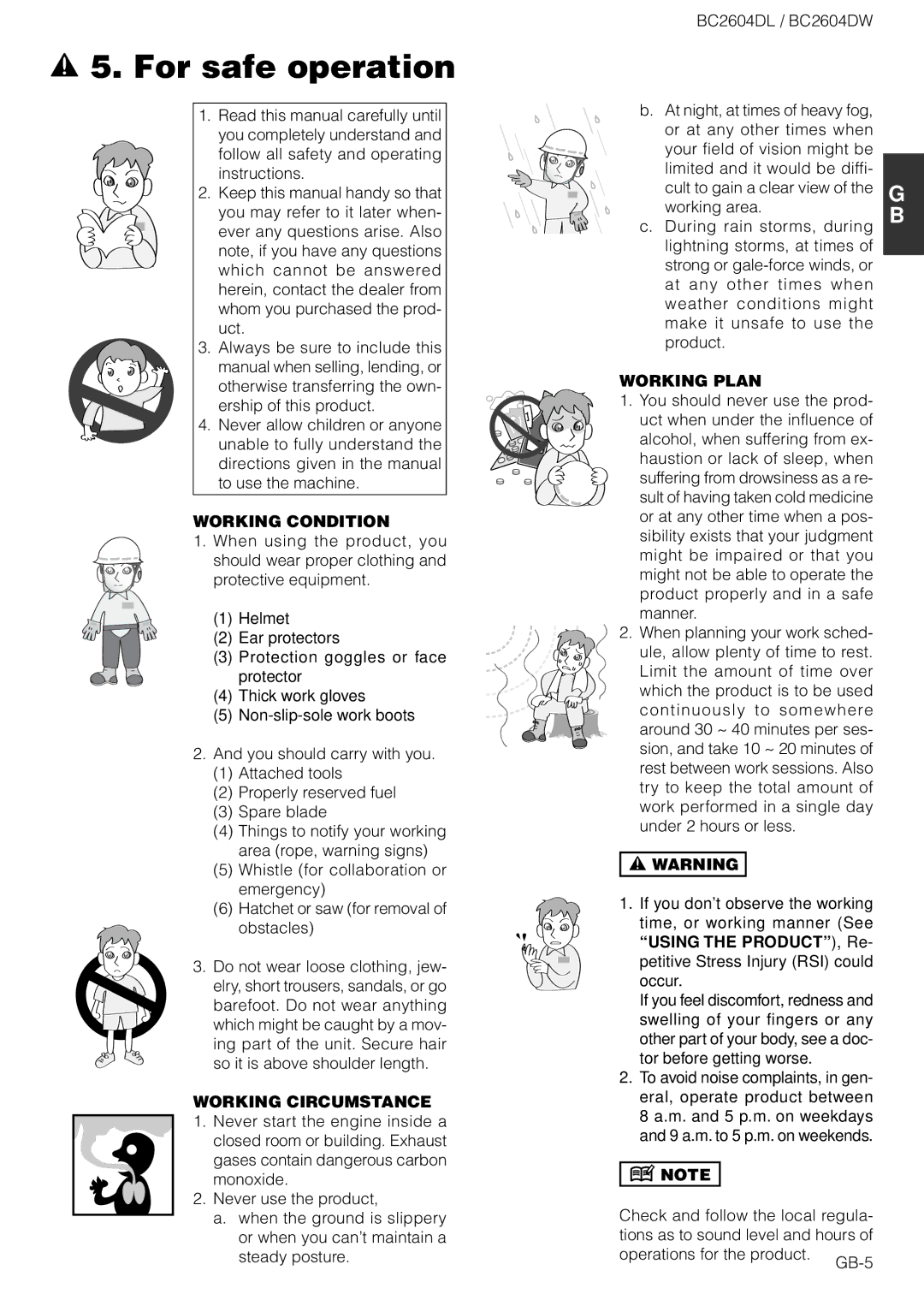 Zenoah BC2604DL, BC2604DW owner manual For safe operation, Working Condition, Working Circumstance, Working Plan 