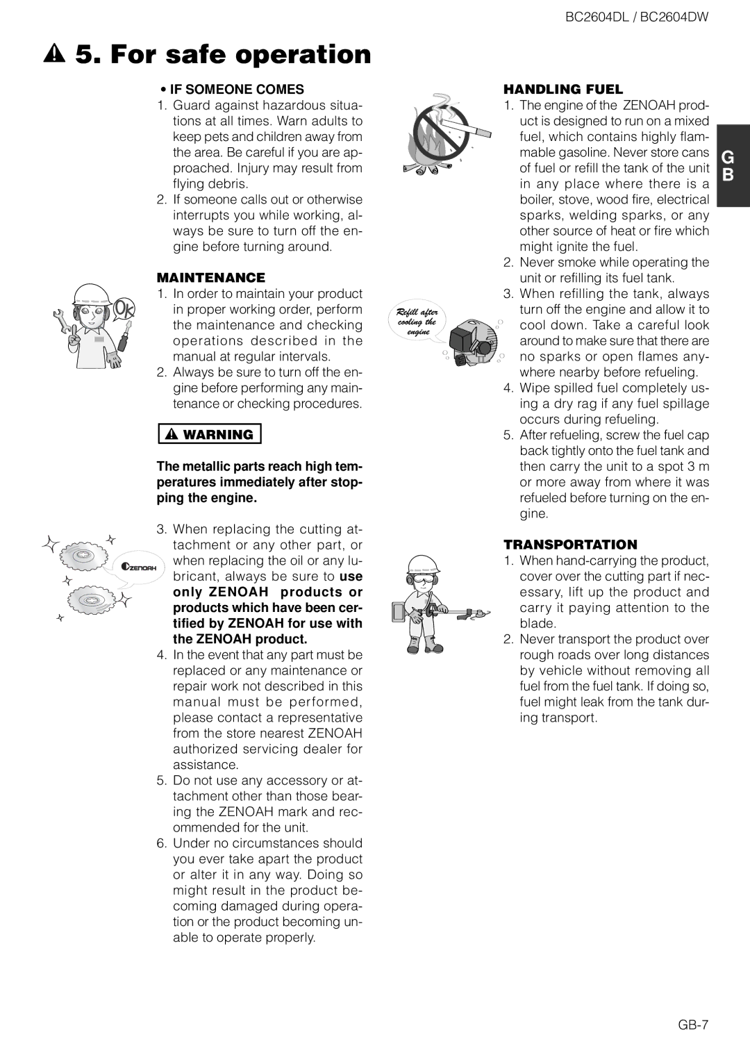 Zenoah BC2604DL, BC2604DW owner manual If Someone Comes, Maintenance, Handling Fuel, Transportation 