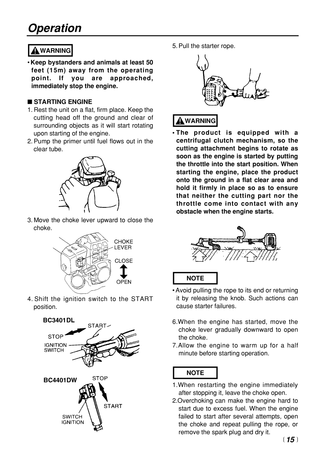 Zenoah BC3401DL manual Operation,  15 , Starting Engine 