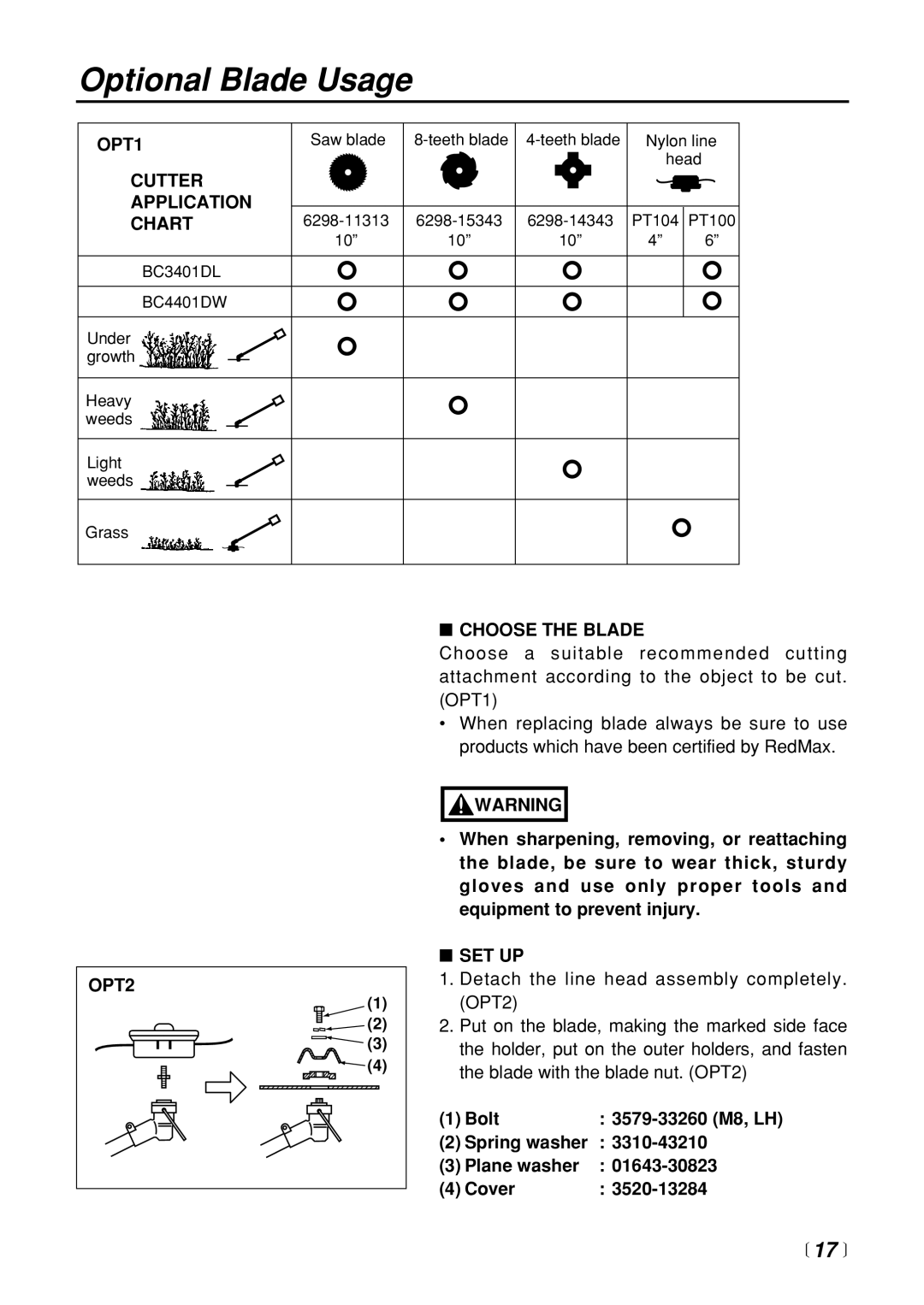 Zenoah BC3401DL manual Optional Blade Usage,  17  