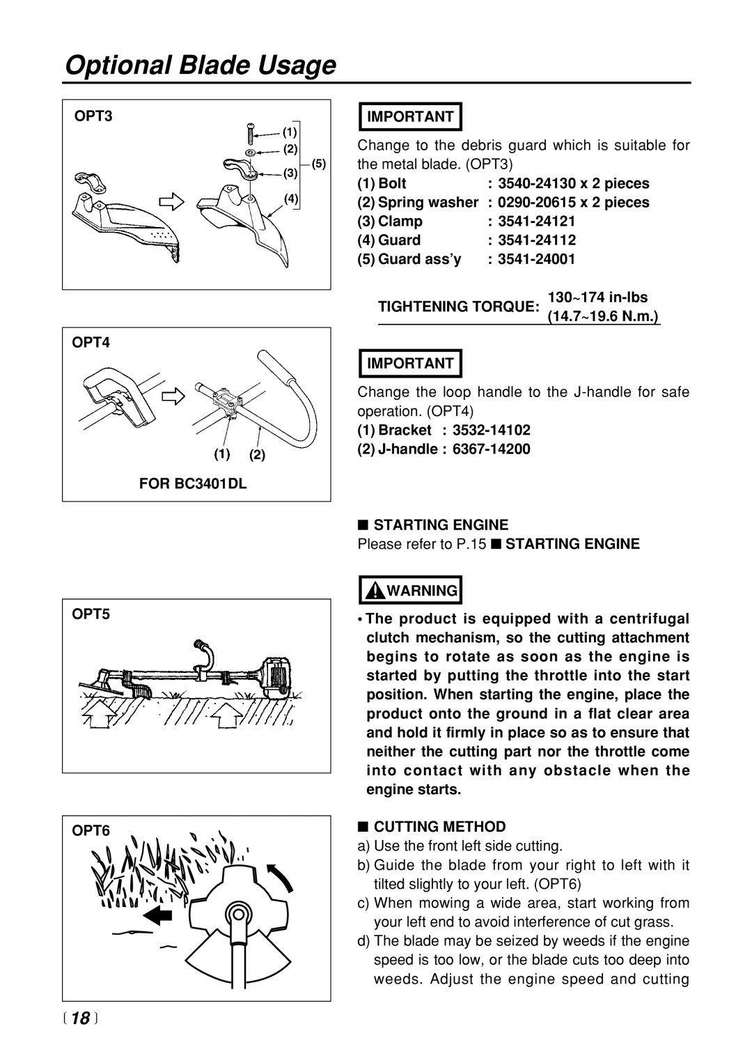 Zenoah manual  18 , OPT3 OPT4 For BC3401DL OPT5 OPT6, Bracket Handle, Cutting Method 