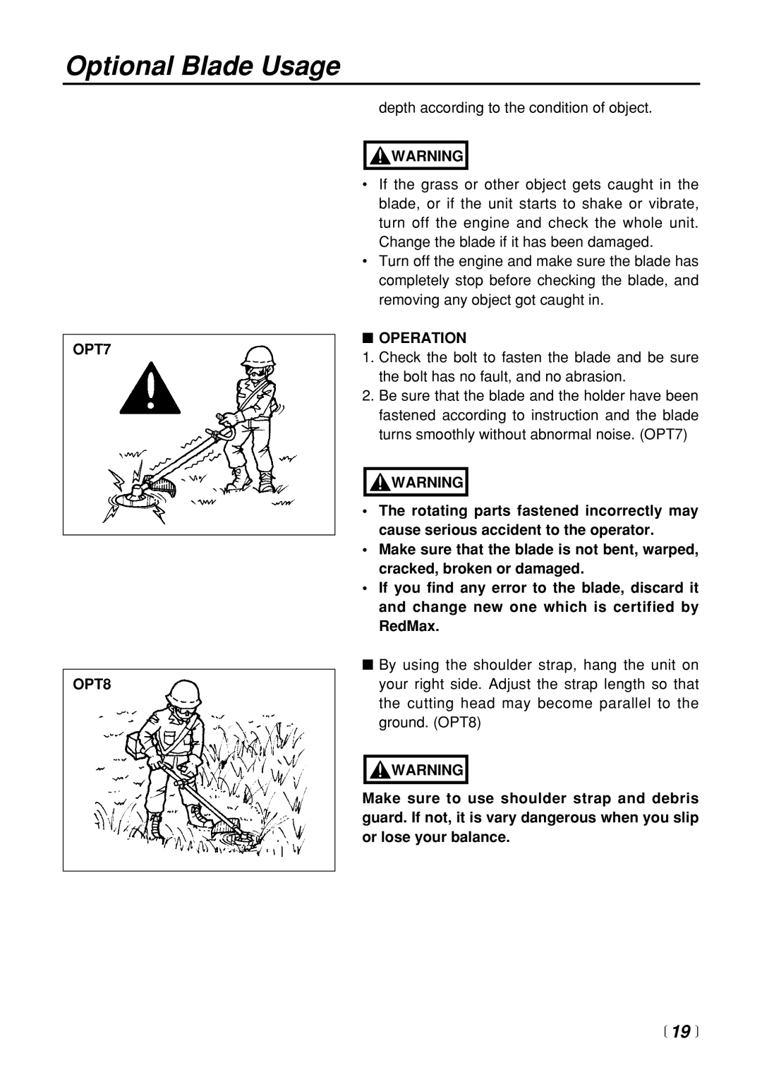 Zenoah BC3401DL manual  19 , OPT7 OPT8, Operation 