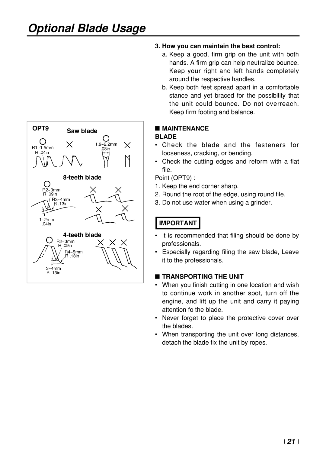 Zenoah BC3401DL manual  21 , OPT9, How you can maintain the best control, Maintenance Blade, Transporting the Unit 