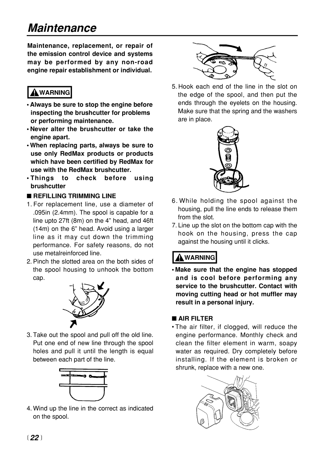 Zenoah BC3401DL manual Maintenance,  22 , Refilling Trimming Line, AIR Filter 