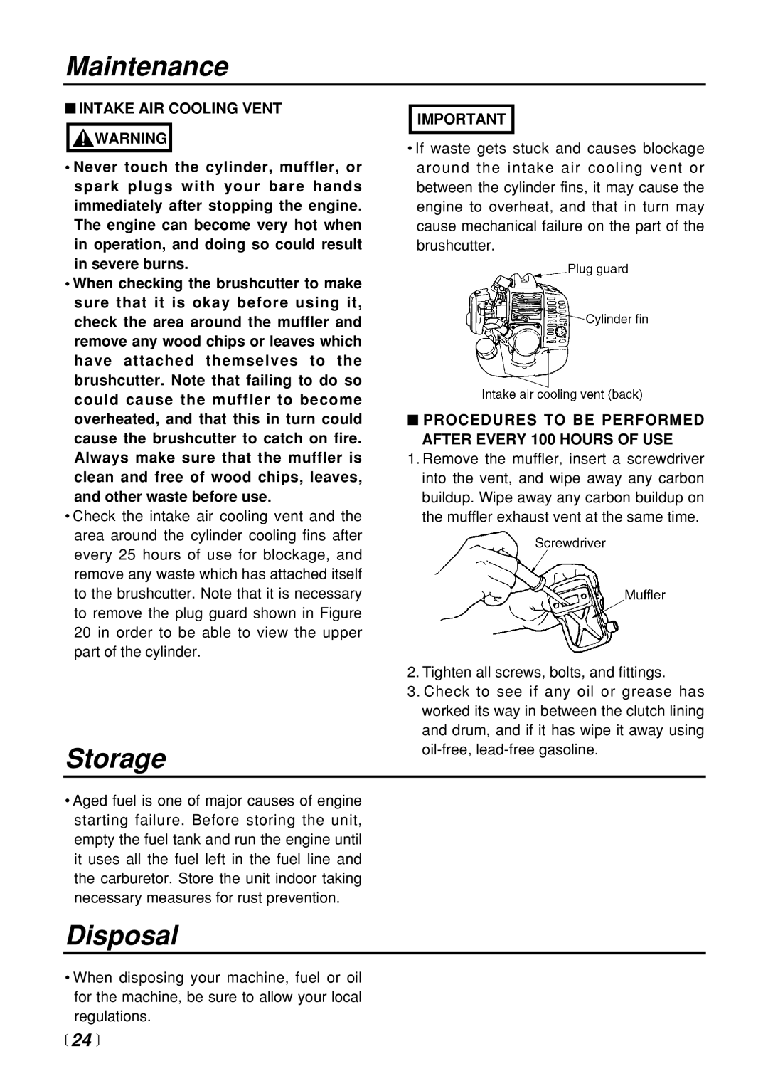 Zenoah BC3401DL manual Storage, Disposal,  24 , Intake AIR Cooling Vent Warning 