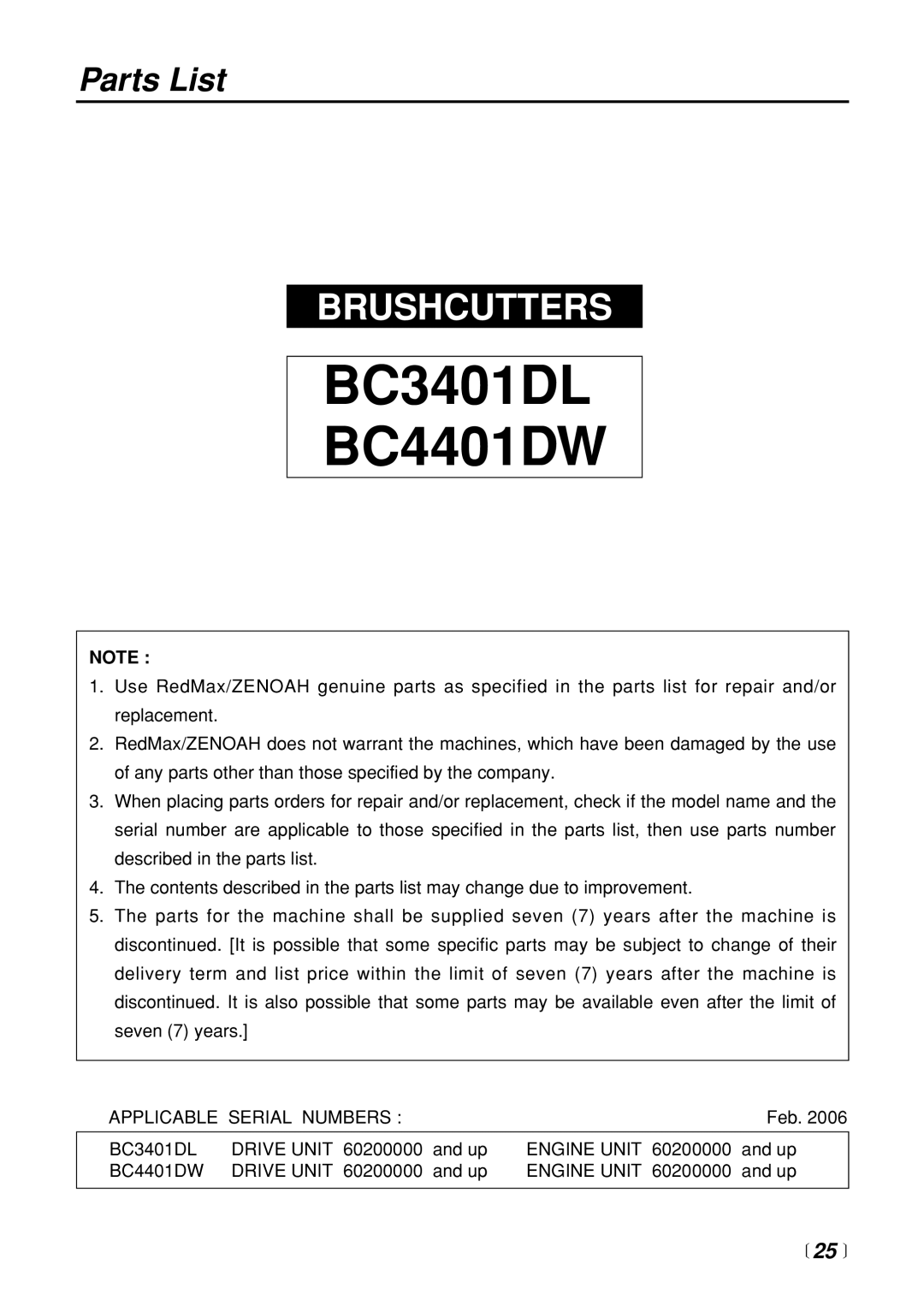 Zenoah BC3401DL manual Parts List,  25  