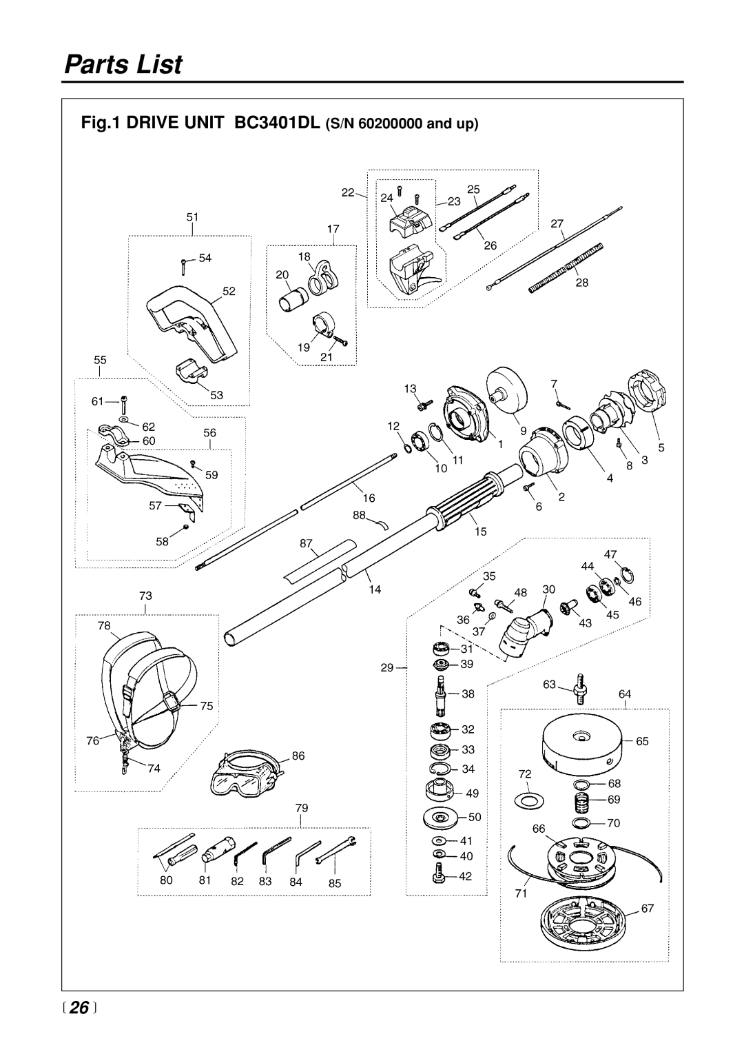 Zenoah manual Drive Unit BC3401DL S/N 60200000 and up,  26  