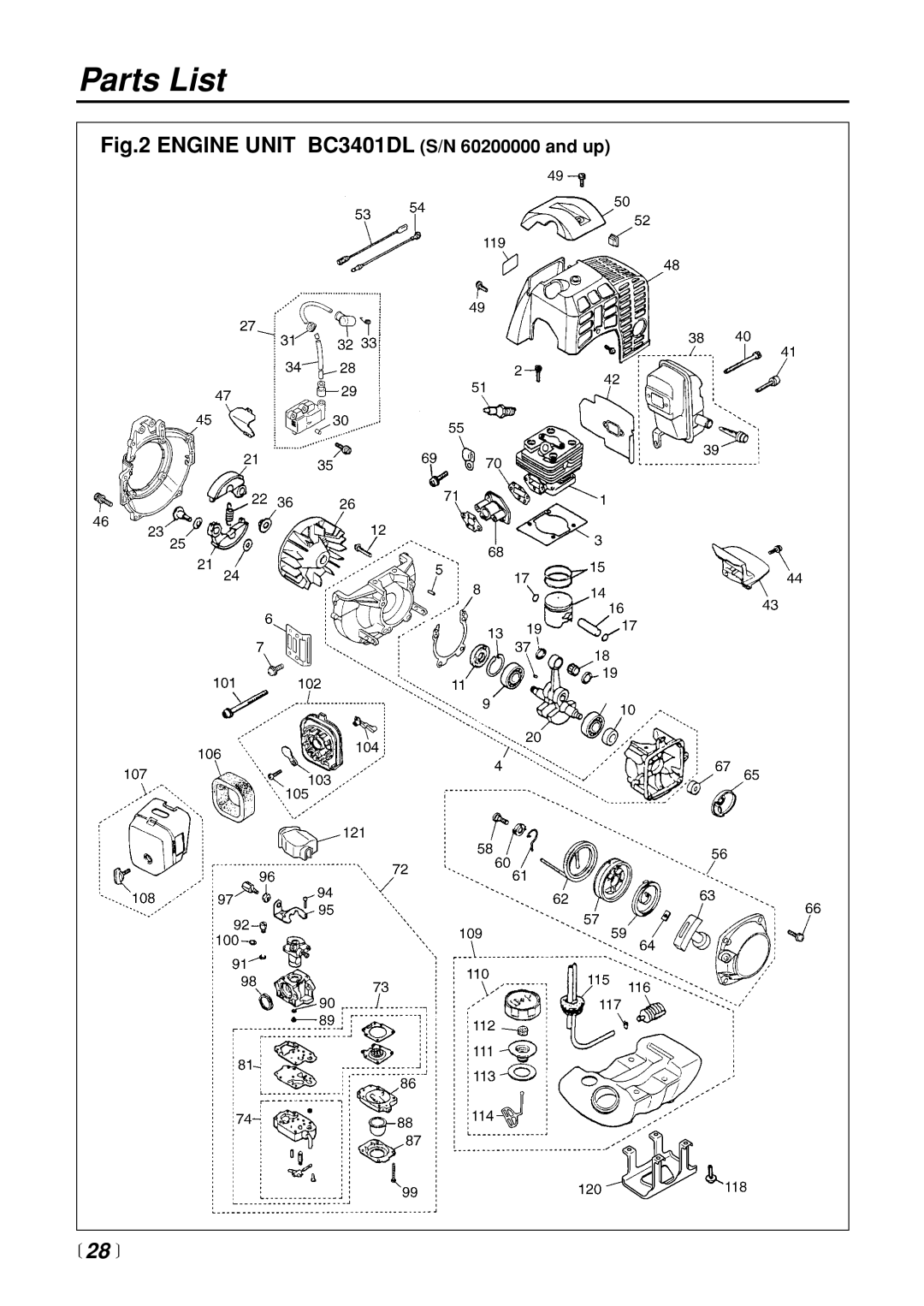 Zenoah manual Engine Unit BC3401DL S/N 60200000 and up,  28  