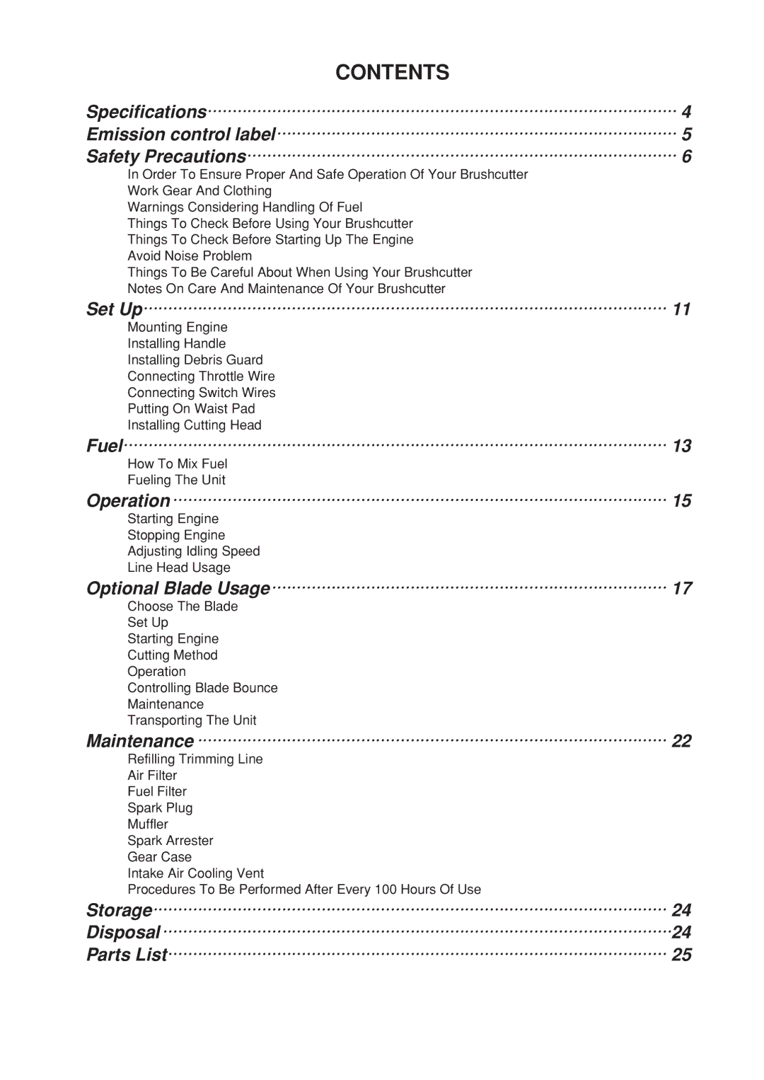 Zenoah BC3401DL manual Contents 