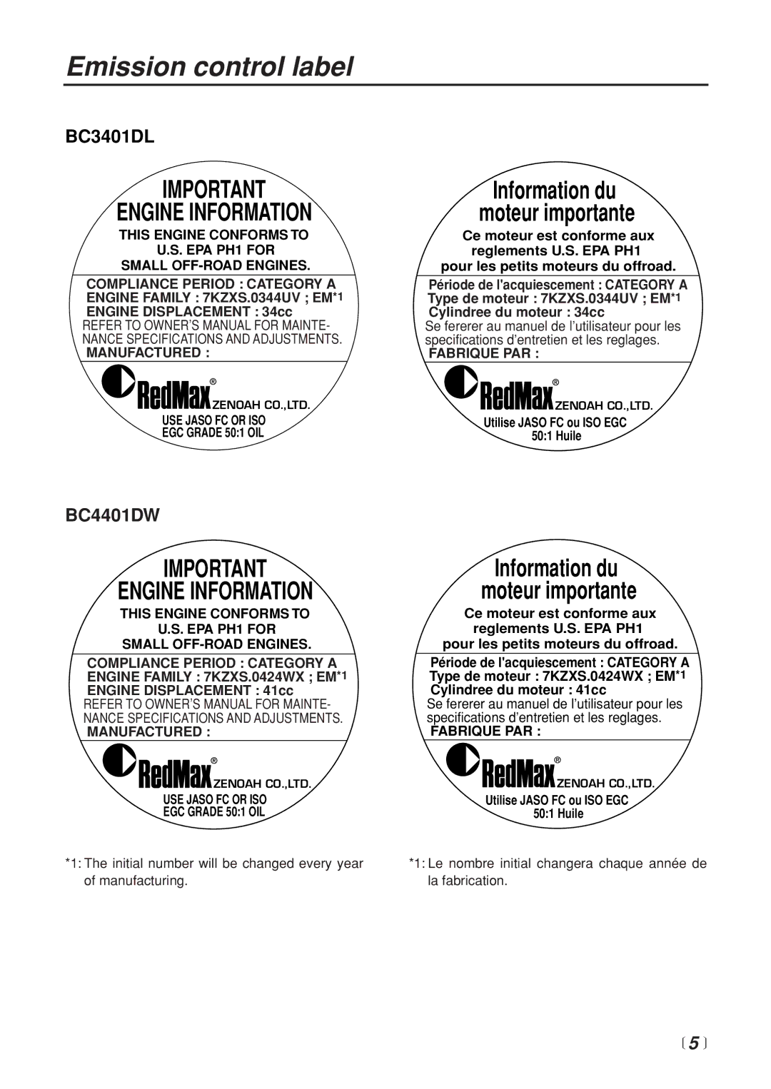 Zenoah BC3401DL manual Emission control label,  5  