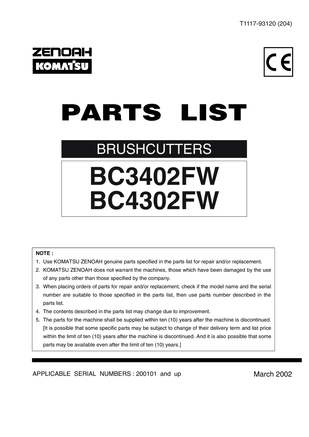 Zenoah manual BC3402FW BC4302FW 