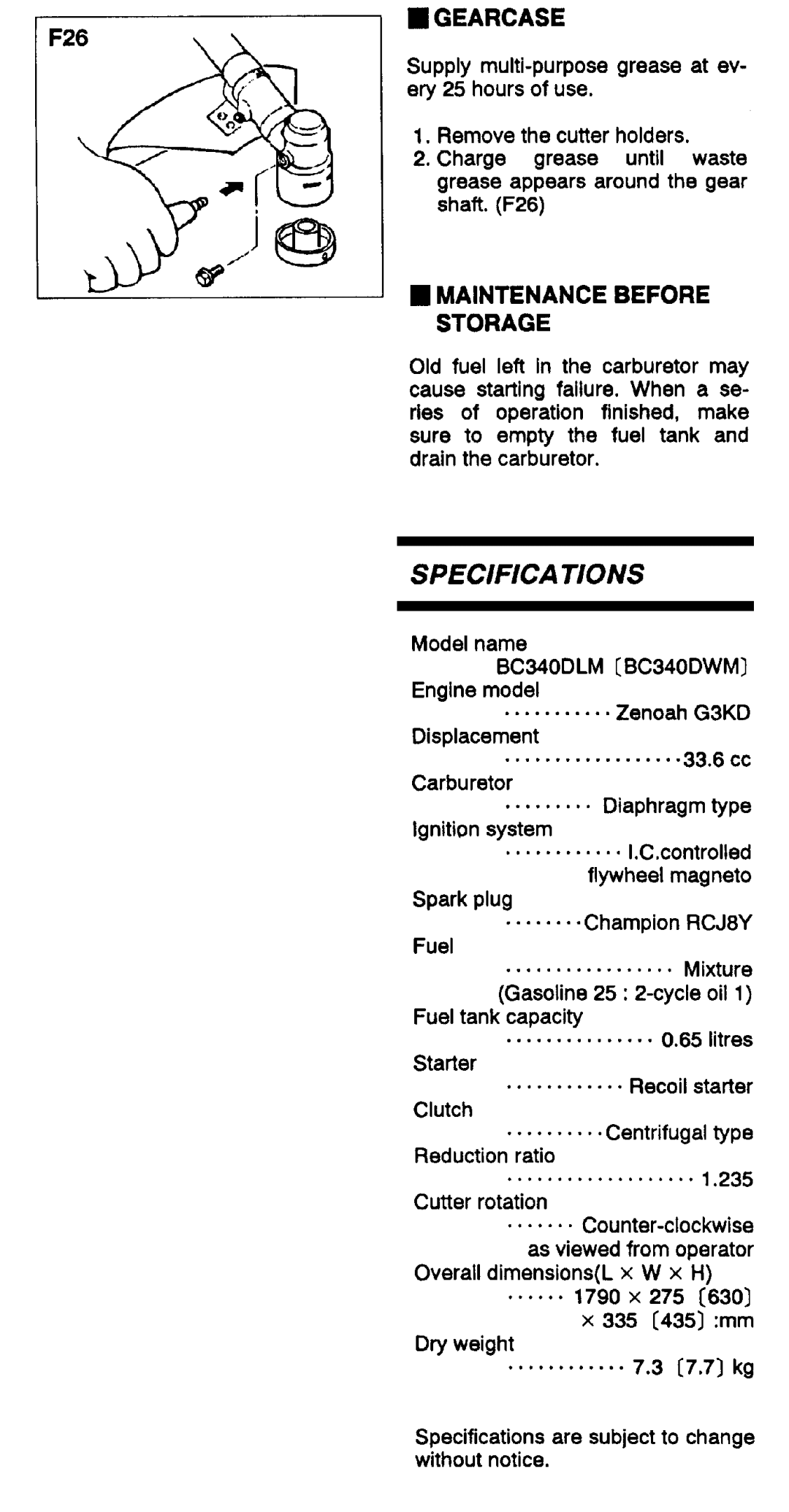 Zenoah BC340DWM, BC340DLM manual 