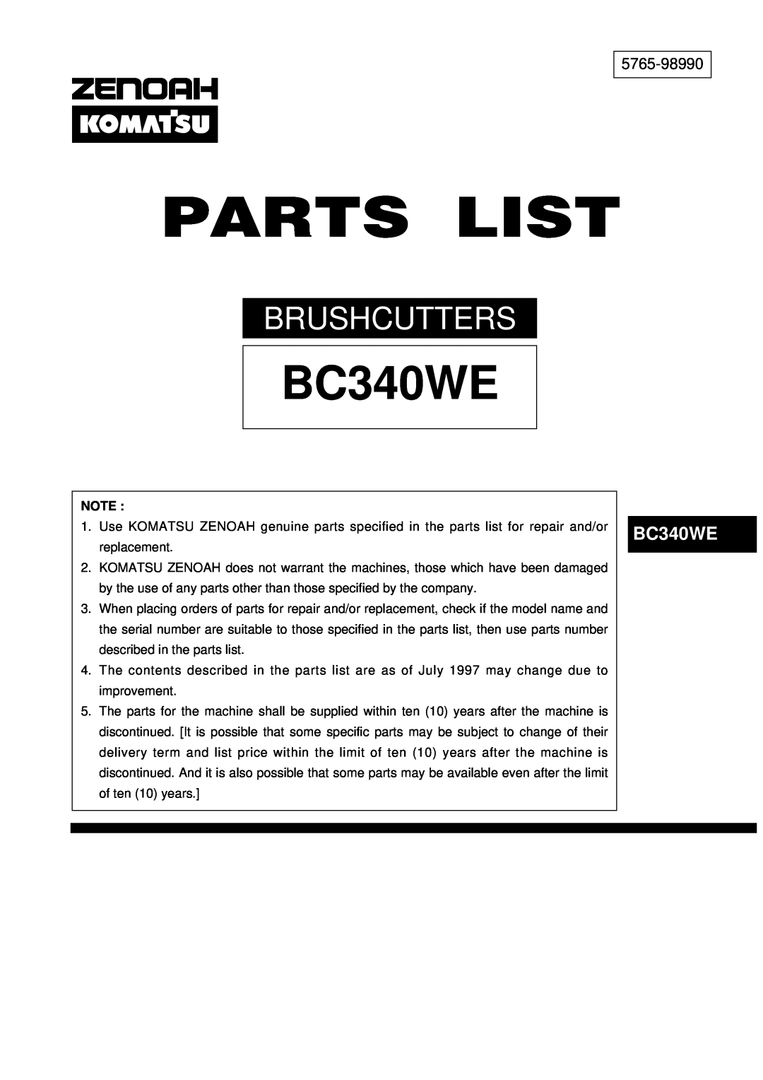 Zenoah BC430WE manual BC340WE, 5765-98990, Brushcutters 