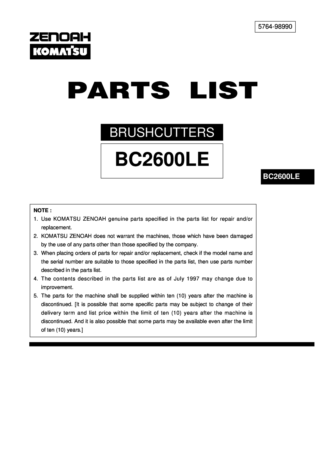 Zenoah BC430WE, BC340WE manual BC2600LE, 5764-98990, Brushcutters 