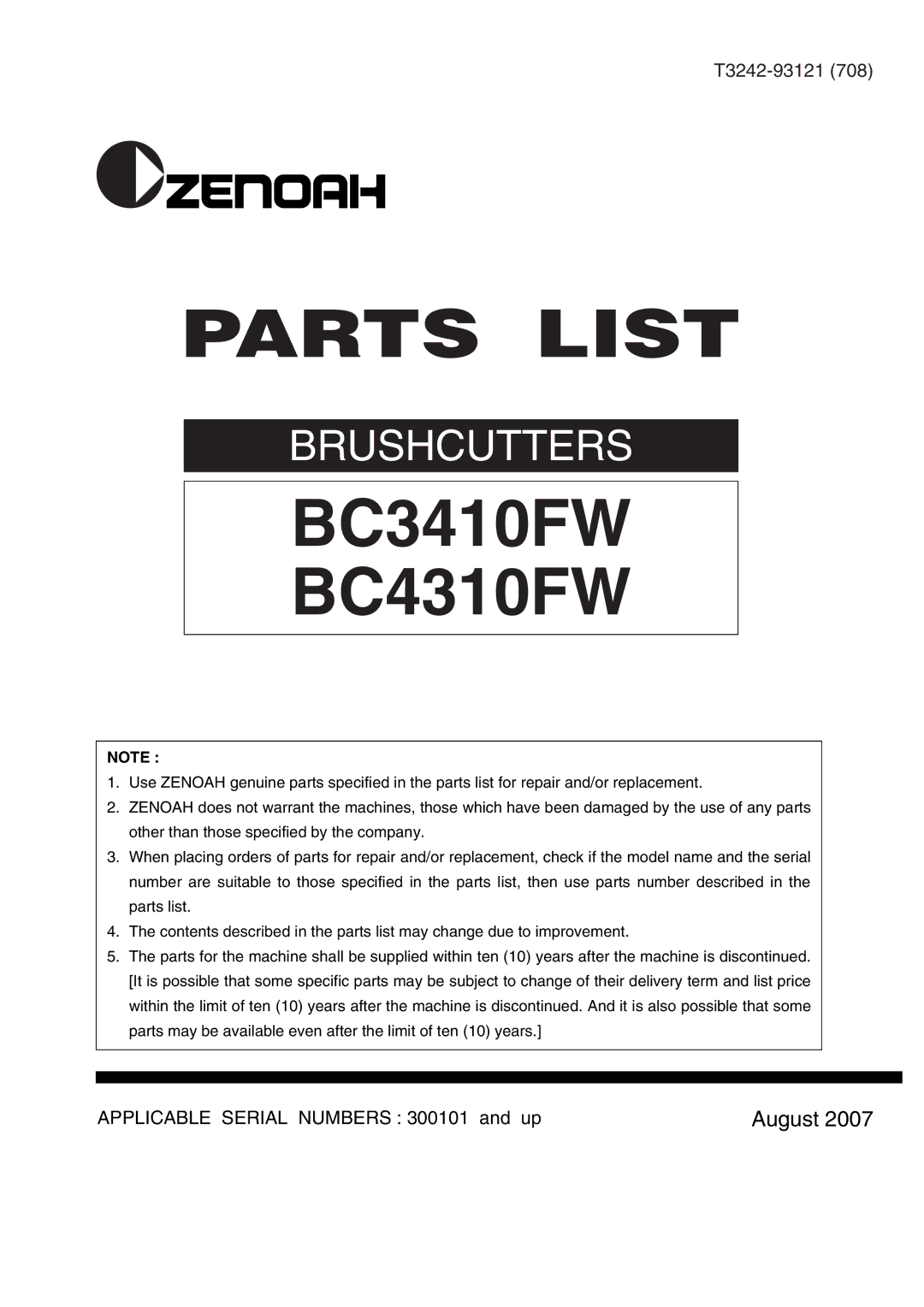 Zenoah BC3410FW manual Parts List 