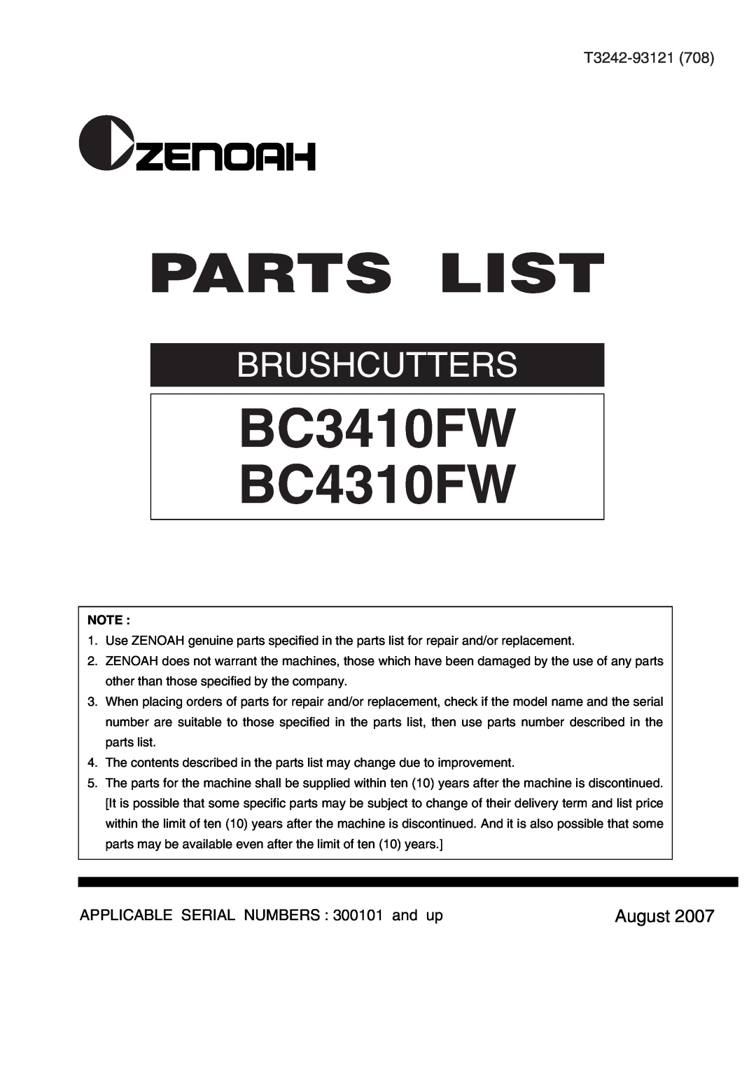 Zenoah manual Parts List, BC3410FW BC4310FW, Brushcutters, August, T3242-93121708 