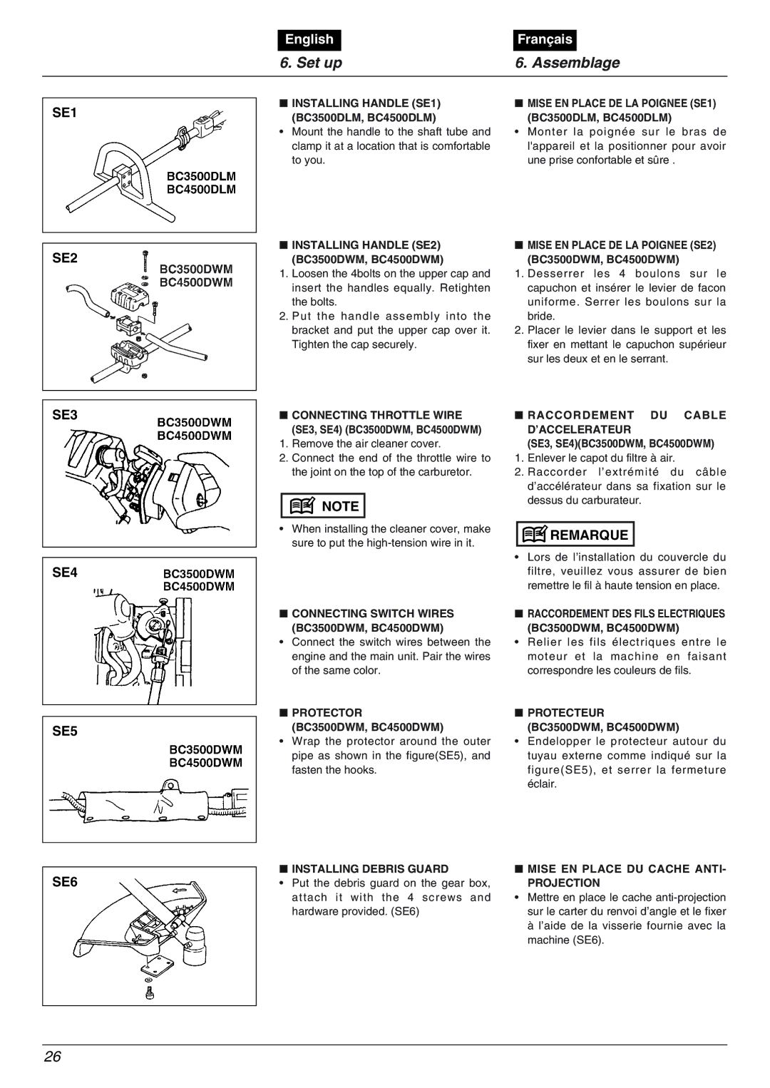 Zenoah BC4500DWM, BC3500DLM, BC3500DWM, BC4500DLM manual Set up Assemblage, SE1 SE2, SE3 SE4 SE5, SE6 