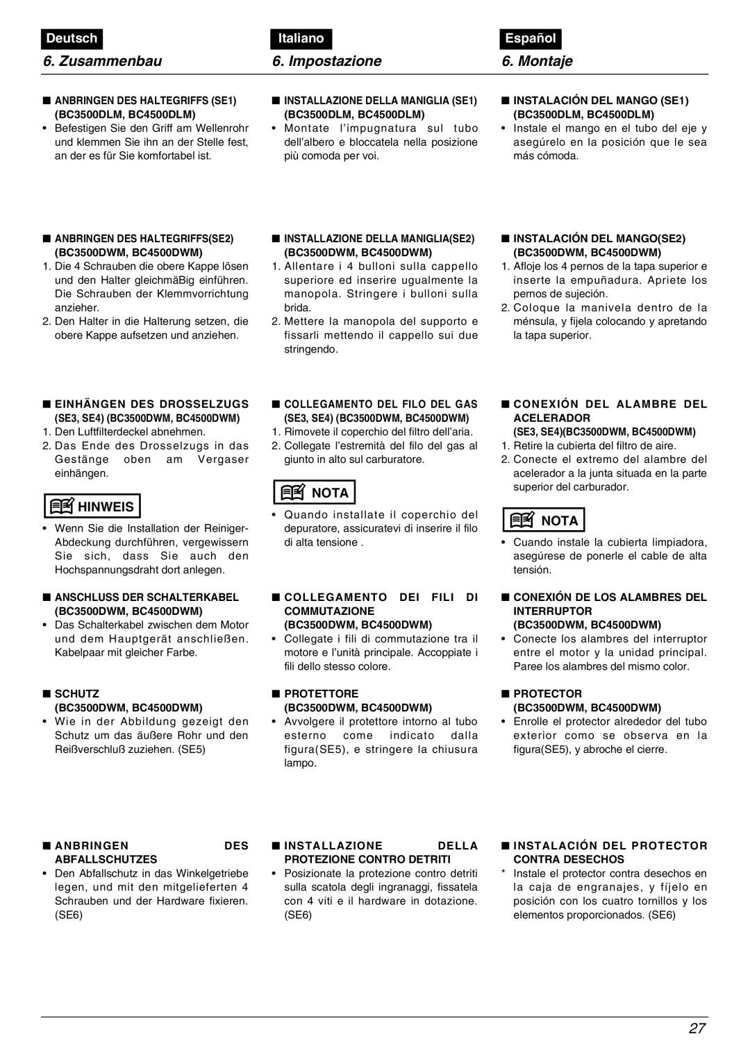 Zenoah BC4500DLM, BC3500DLM, BC3500DWM, BC4500DWM manual Zusammenbau Impostazione Montaje 