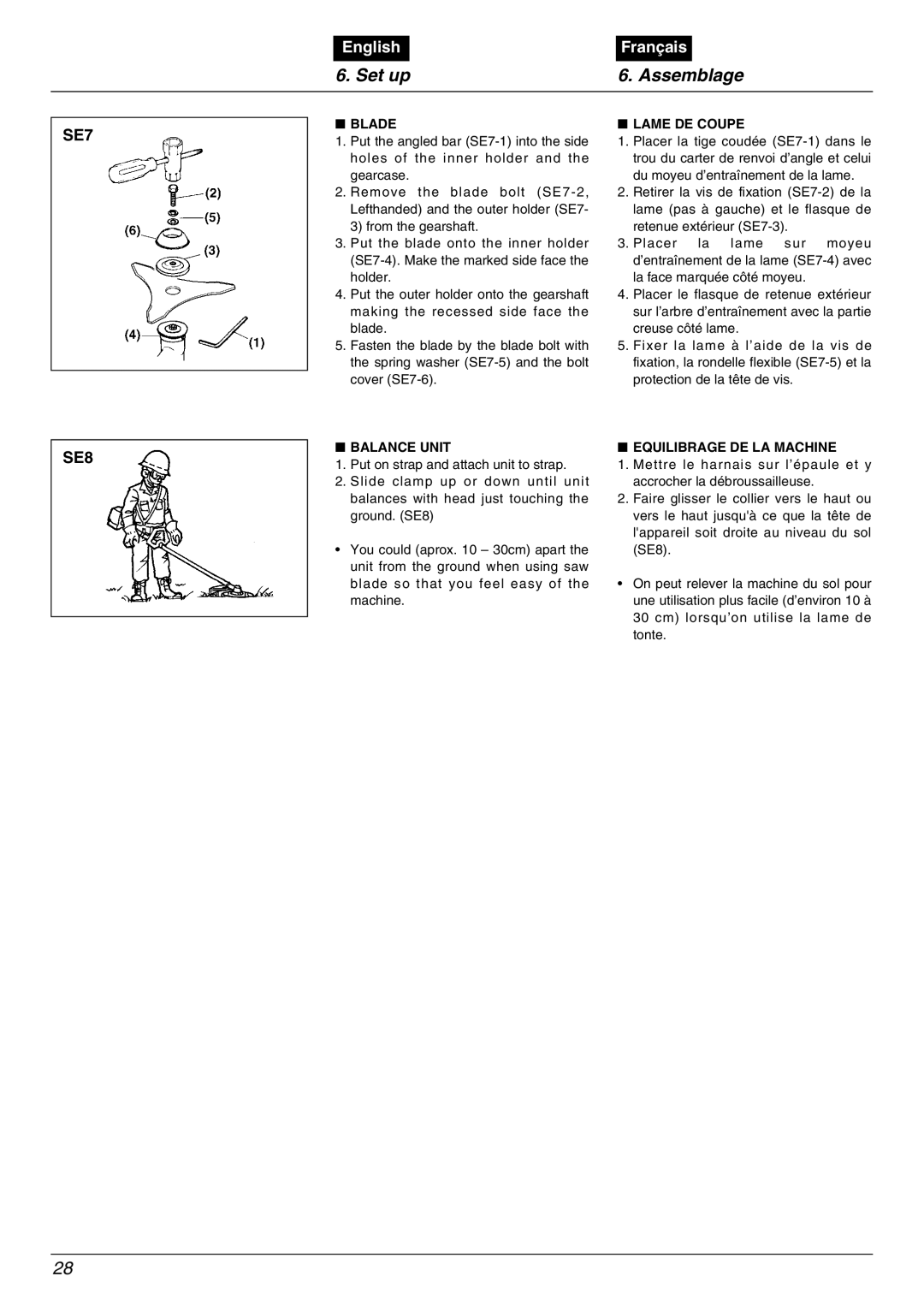 Zenoah BC3500DLM, BC3500DWM, BC4500DWM, BC4500DLM manual SE7 SE8, Blade Lame DE Coupe, Balance Unit, Equilibrage DE LA Machine 