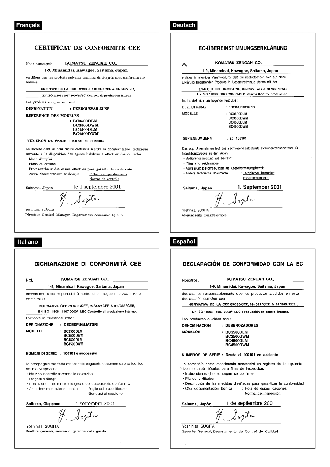 Zenoah BC4500DLM, BC3500DLM, BC3500DWM, BC4500DWM manual Français Deutsch Italiano Español 