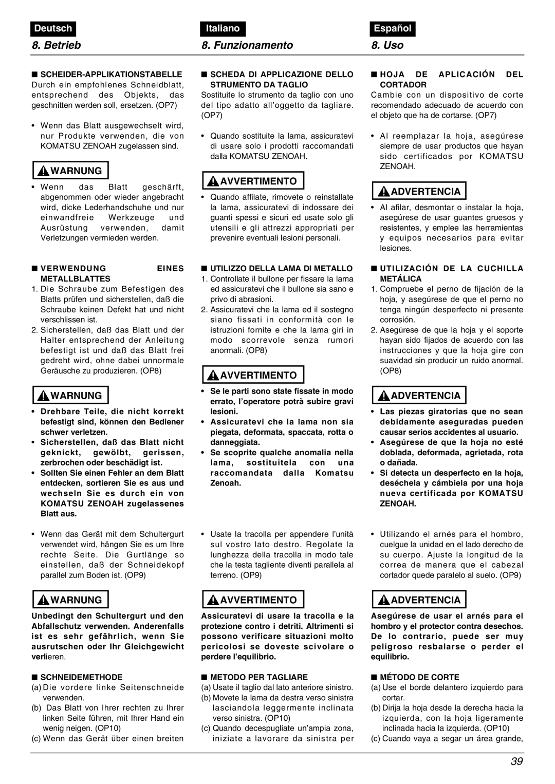 Zenoah BC4500DLM, BC3500DLM, BC3500DWM, BC4500DWM manual Betrieb Funzionamento Uso 