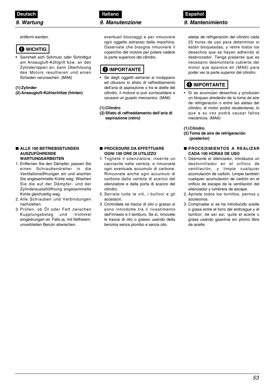 Zenoah BC3500DWM manual Zylinder Ansaugluft-Kühlschlitze hinten, Alle 100 Betriebsstunden Auszuführende Wartungsarbeiten 