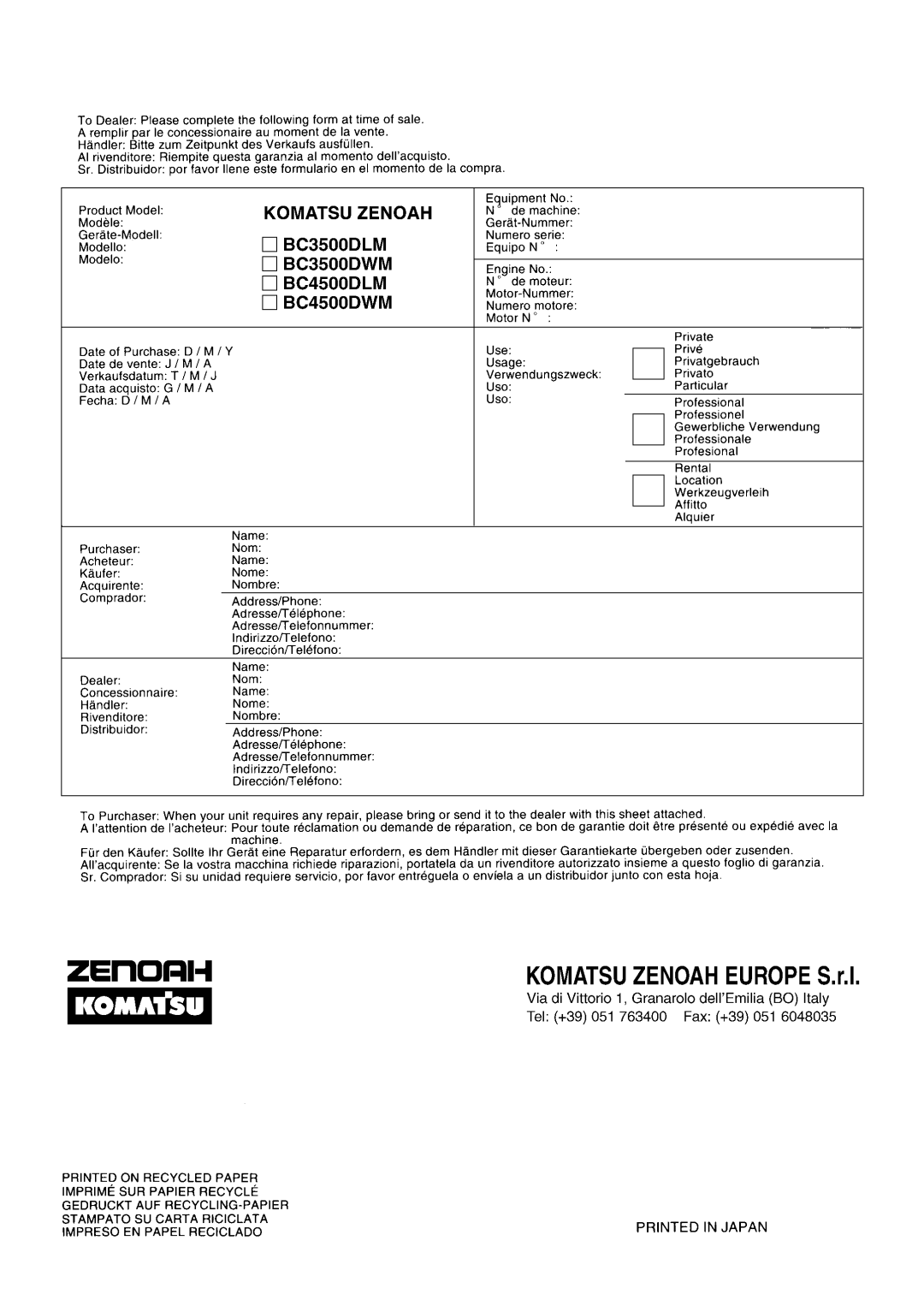 Zenoah BC3500DLM, BC3500DWM, BC4500DWM, BC4500DLM manual 