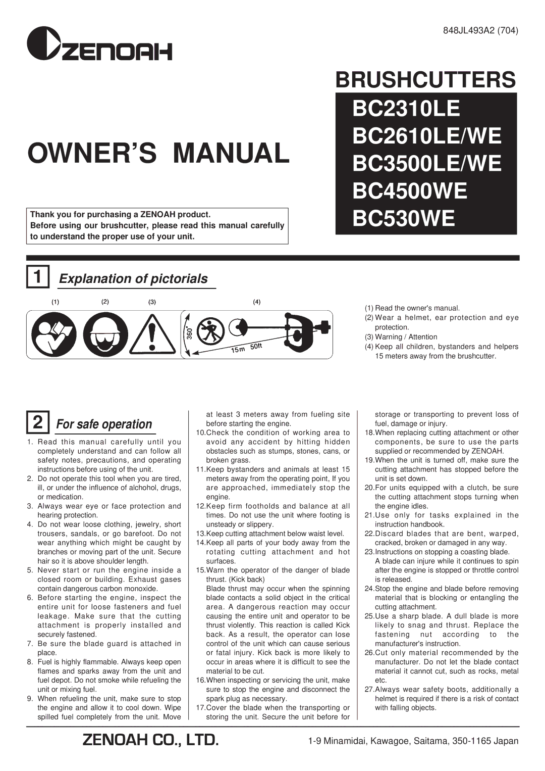 Zenoah BC3500WE, BC3500LE/WE, BC2300LE, BC530WE, BC4500WE, BC2610LE owner manual Explanation of pictorials, For safe operation 