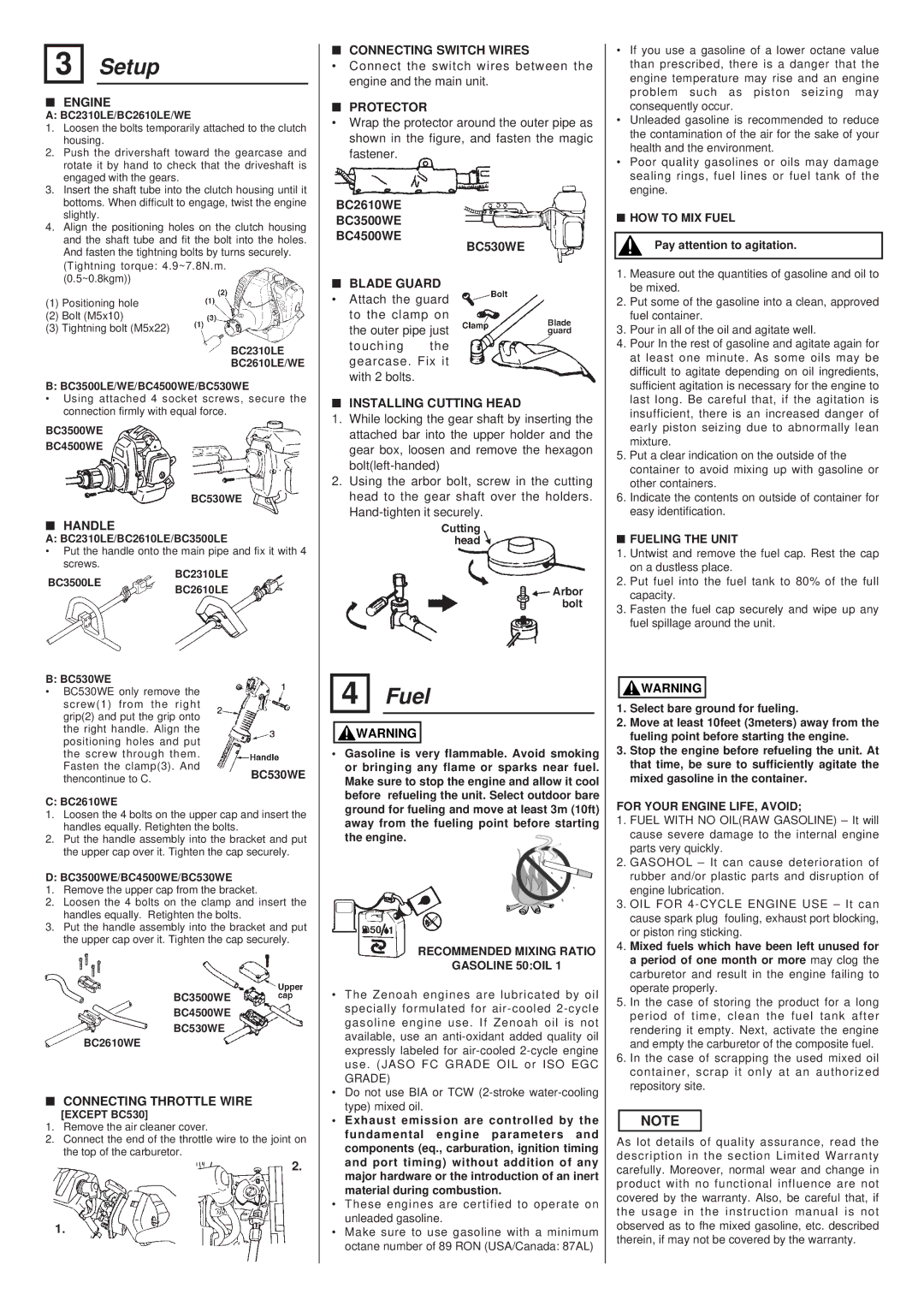 Zenoah BC2300LE, BC3500LE/WE, BC3500WE, BC530WE, BC4500WE, BC2610LE/WE, BC2310LE, BC2600LE owner manual Setup 