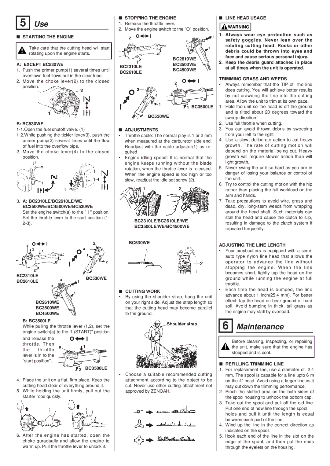 Zenoah BC530WE, BC3500LE/WE, BC3500WE, BC2300LE, BC4500WE, BC2610LE/WE, BC2310LE, BC2600LE owner manual Use, Maintenance 