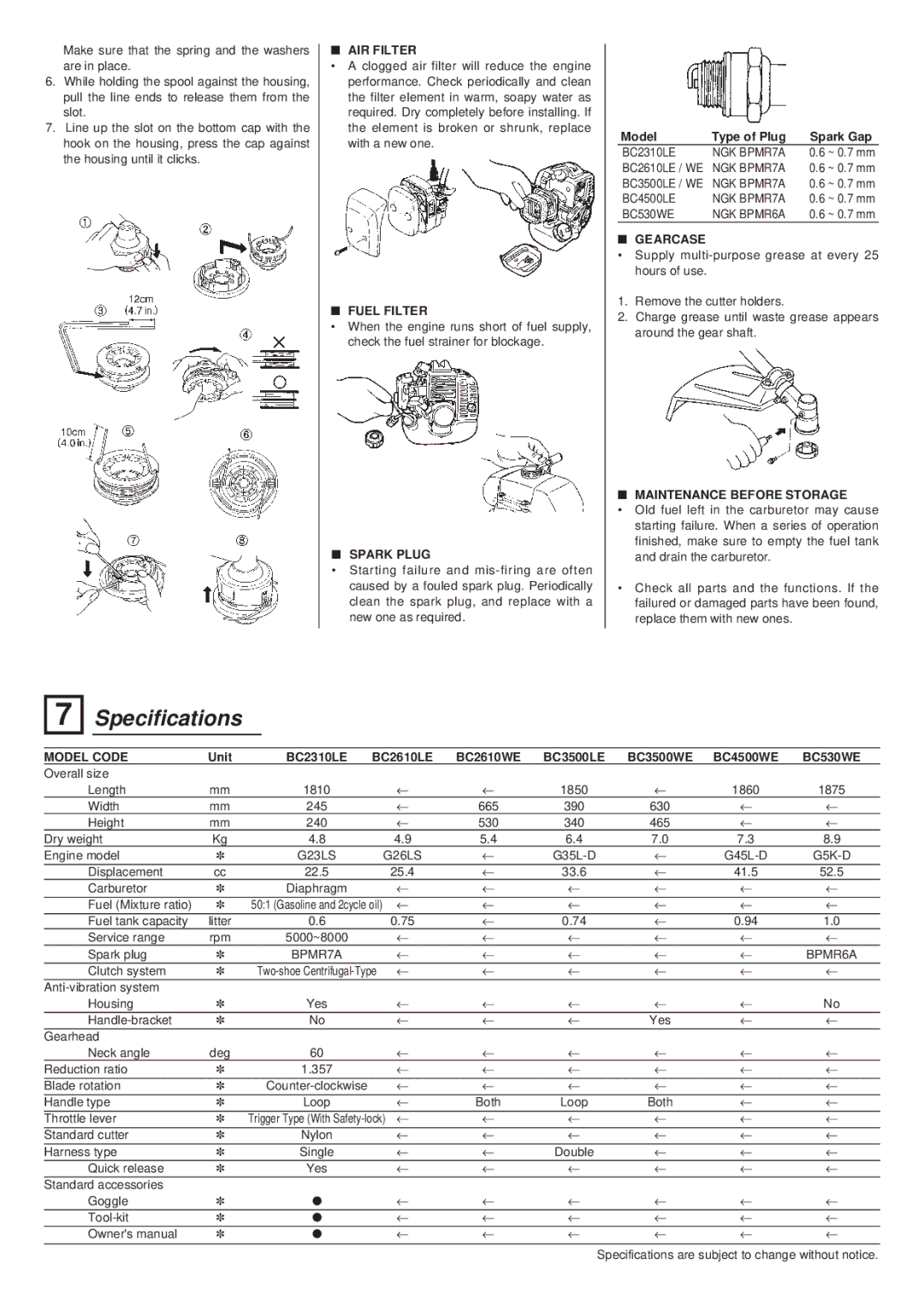 Zenoah BC4500WE, BC3500LE/WE, BC3500WE, BC2300LE, BC530WE, BC2610LE/WE, BC2310LE, BC2600LE owner manual Specifications 