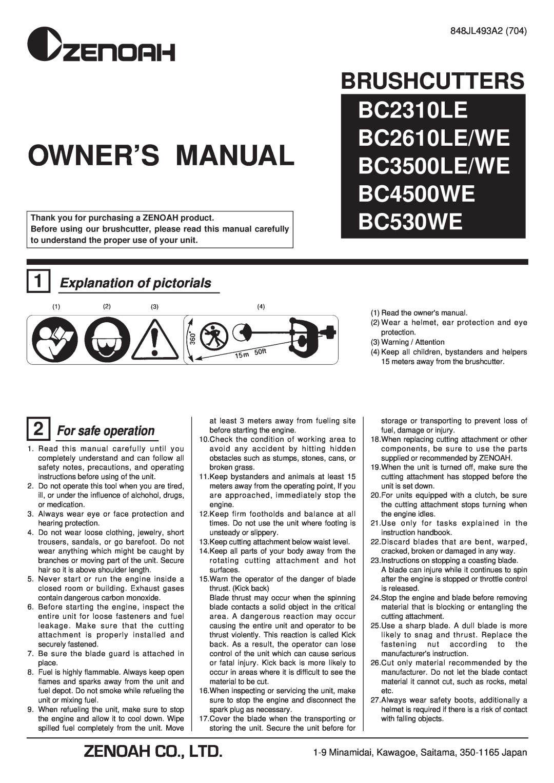 Zenoah BC3500WE, BC3500LE/WE, BC2300LE owner manual Explanation of pictorials, For safe operation, Brushcutters, 848JL493A2 