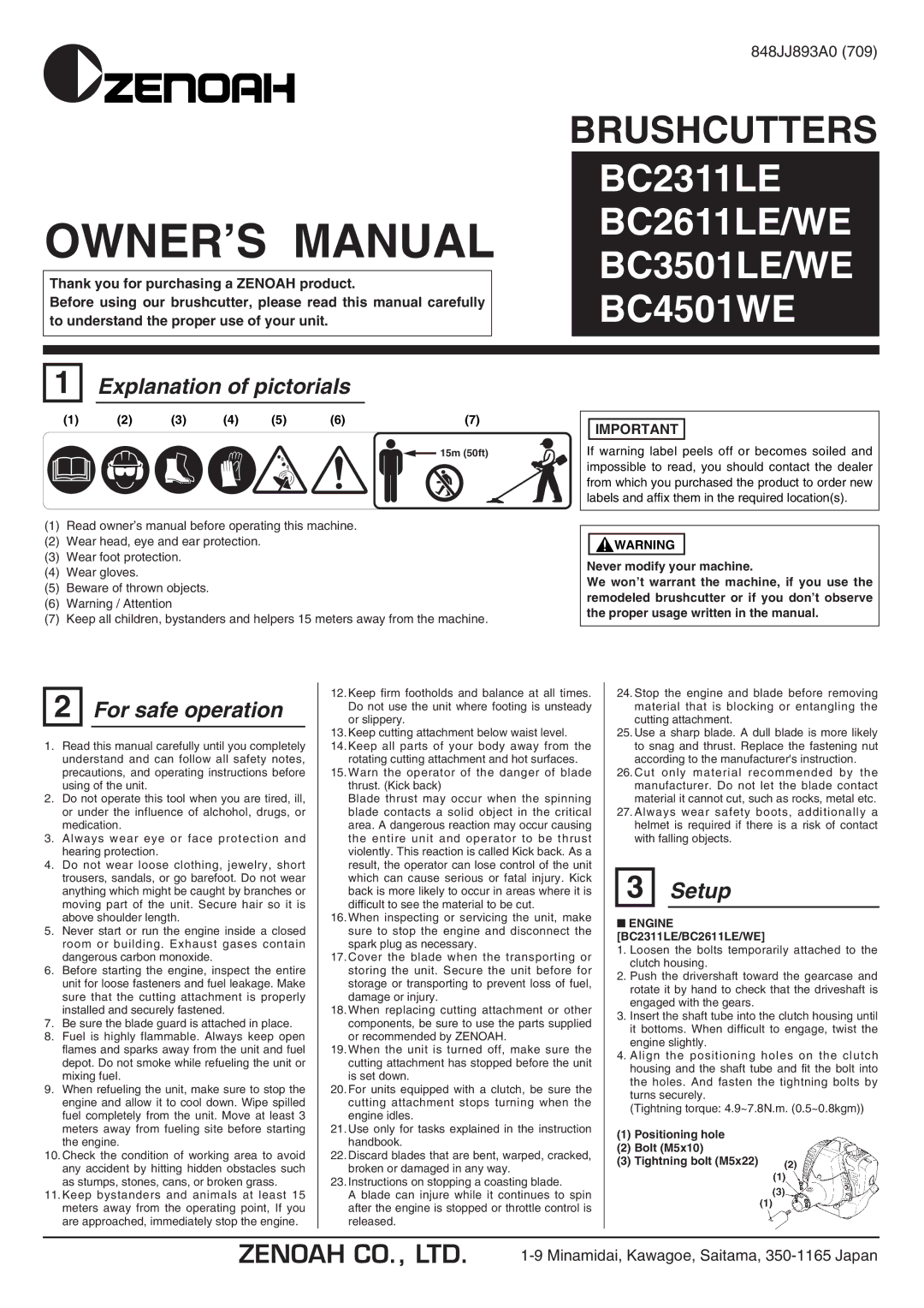 Zenoah BC3501LE/WE owner manual Explanation of pictorials, For safe operation, Setup, Engine BC2311LE/BC2611LE/WE 