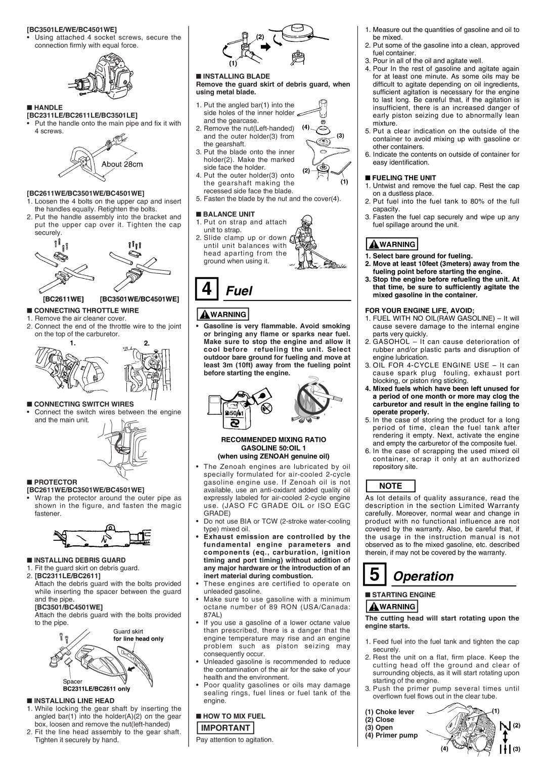 Zenoah BC3501LE/WE, BC2611LE/WE, BC2311LE, BC2611LE, BC2611WE, BC3501LE, BC3501WE, BC4501WE owner manual Operation 