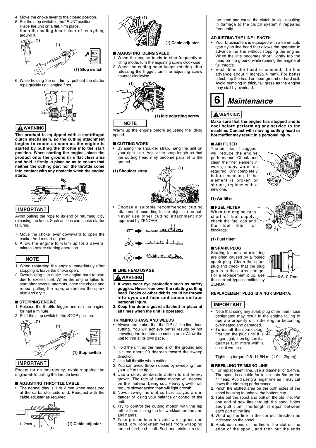 Zenoah BC2611LE/WE, BC3501LE/WE, BC2311LE, BC2611LE, BC2611WE, BC3501LE, BC3501WE, BC4501WE owner manual Maintenance 