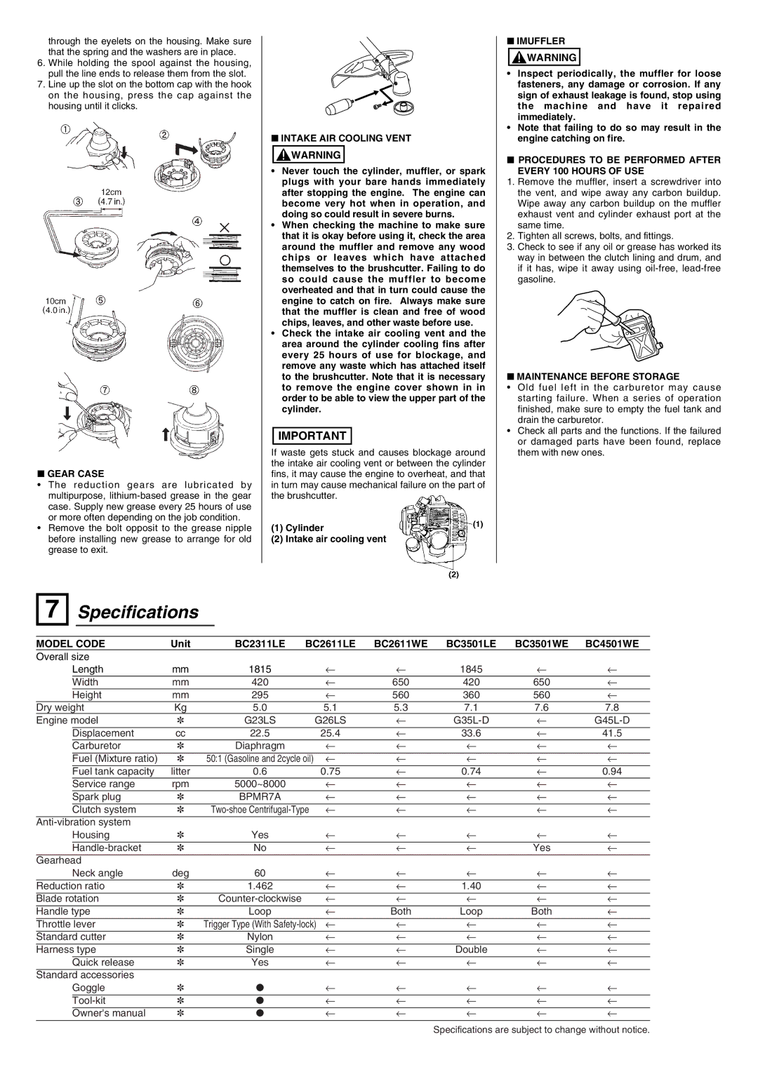 Zenoah BC2311LE, BC2611LE, BC2611WE, BC3501LE, BC3501WE, BC4501WE, BC3501LE/WE, BC2611LE/WE owner manual Specifications 