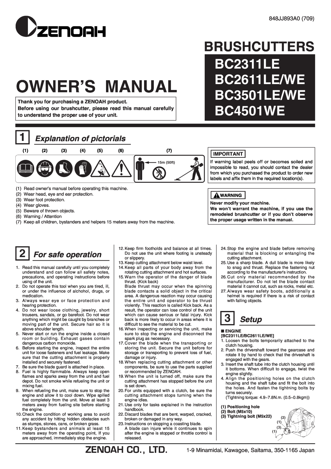 Zenoah BC2311LE owner manual Explanation of pictorials, For safe operation, Setup, Never modify your machine, Brushcutters 