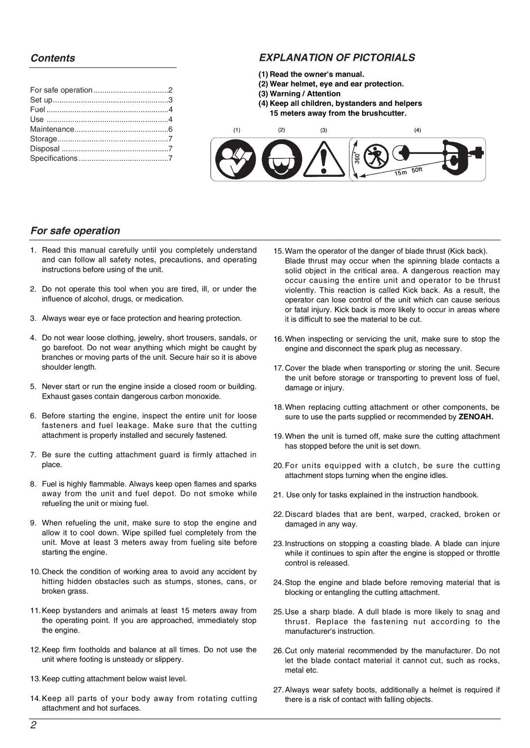 Zenoah BC4310FW owner manual Contents, For safe operation, Wear helmet, eye and ear protection 